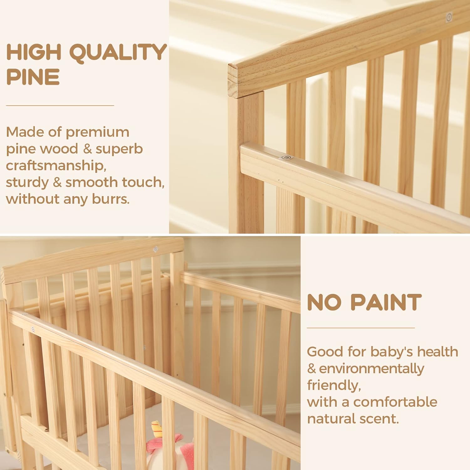 FUNLIO Mini Baby Crib, Paint-Free Pine Wood Crib for Small Spaces, Adjustable Crib for Baby Boys/Girls, CPC Certified