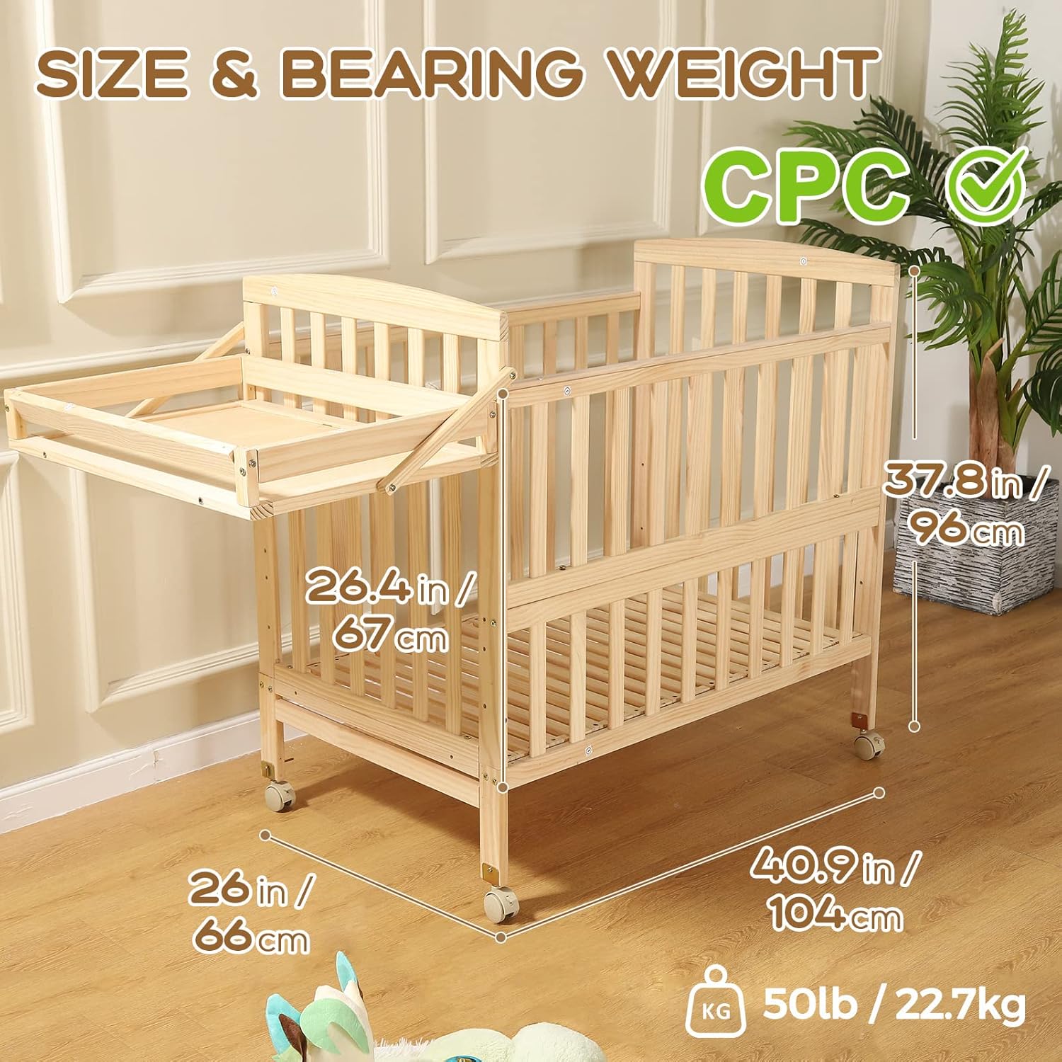 FUNLIO Mini Baby Crib, Paint-Free Pine Wood Crib for Small Spaces, Adjustable Crib for Baby Boys/Girls, CPC Certified