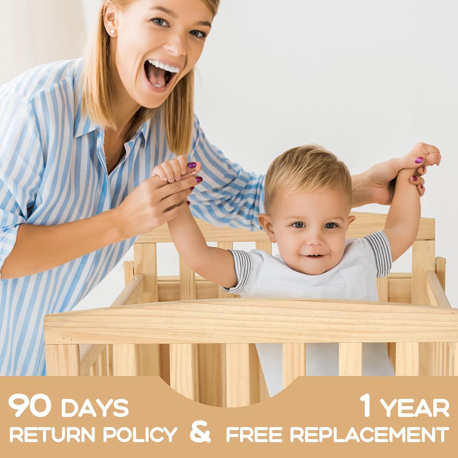 FUNLIO Mini Baby Crib, Paint-Free Pine Wood Crib for Small Spaces, Adjustable Crib for Baby Boys/Girls, CPC Certified