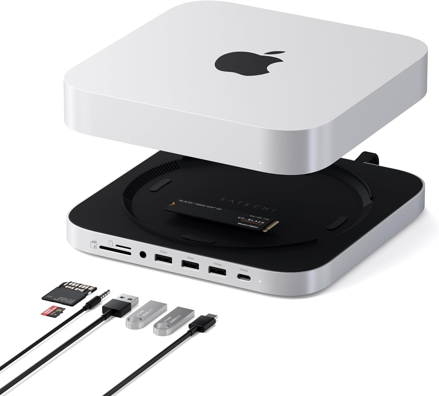 Satechi Mac Mini Hub  Stand with SSD Enclosure for NVME/SATA M.2, Mac Mini Dock with USB C 10Gbps, 3 USB A 5/10Gbps, 2.0 Audio Jack, for Mac Mini M2 /M1, Mac Studio - Silver · v3