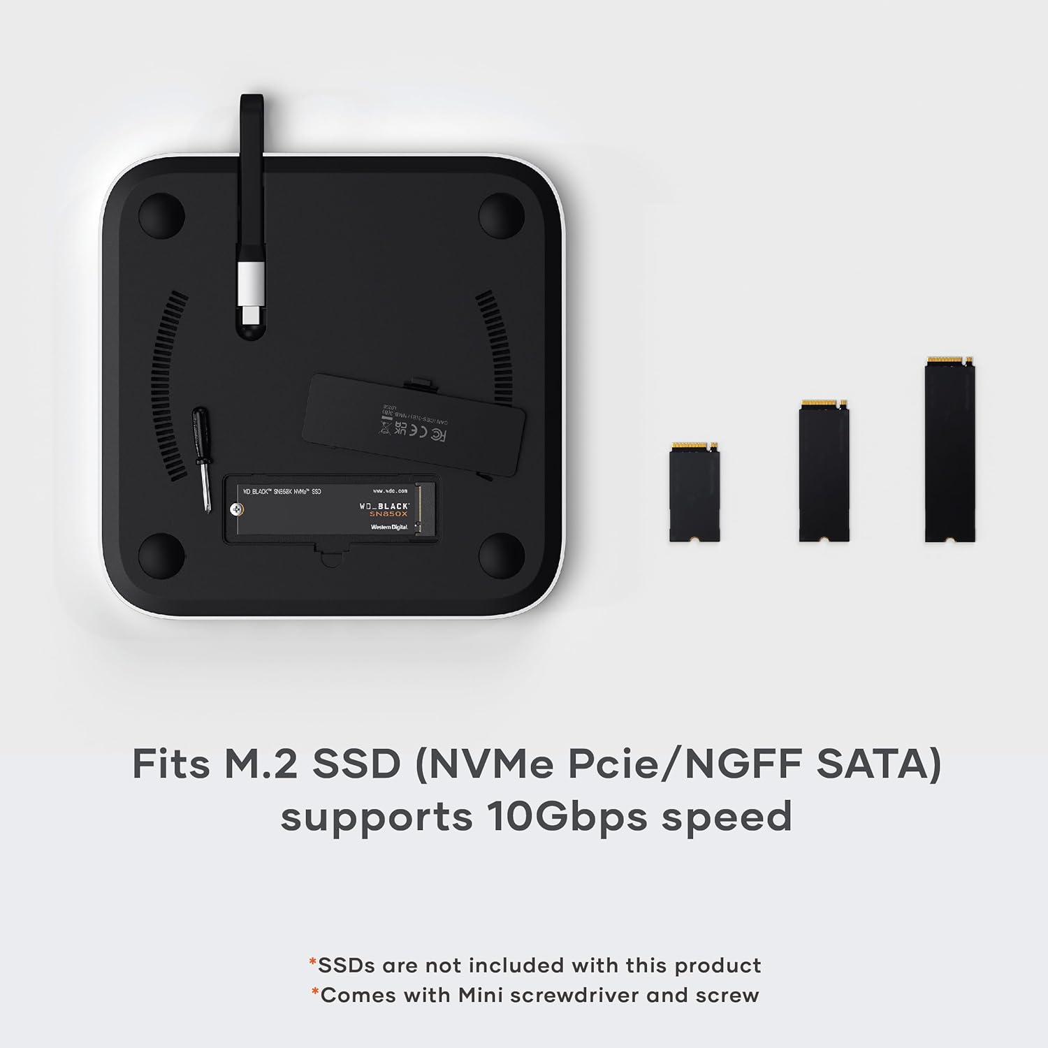 Satechi Mac Mini-hubstandaard met SSD-behuizing voor NVME/SATA M.2, Mac Mini-dock met USB C 10 Gbps, 3 USB A 5/10 Gbps, 2.0-audio-aansluiting, voor Mac Mini M2/M1, Mac Studio - zilver