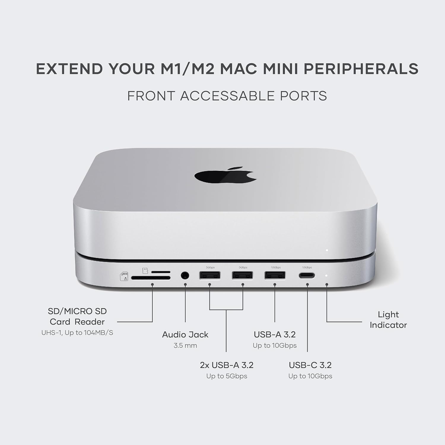 Satechi Mac Mini-hubstandaard met SSD-behuizing voor NVME/SATA M.2, Mac Mini-dock met USB C 10 Gbps, 3 USB A 5/10 Gbps, 2.0-audio-aansluiting, voor Mac Mini M2/M1, Mac Studio - zilver
