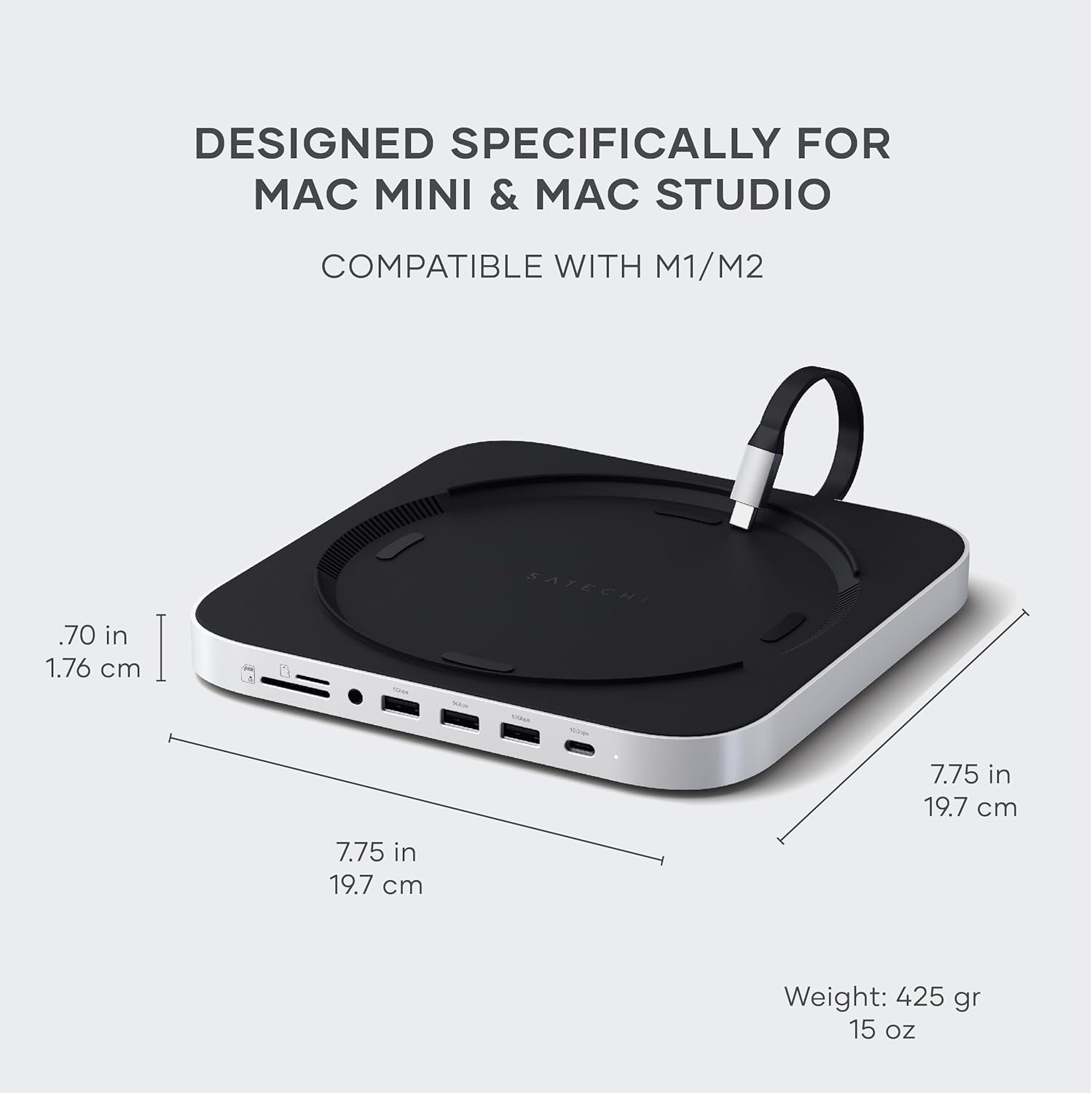 Satechi Mac Mini-hubstandaard met SSD-behuizing voor NVME/SATA M.2, Mac Mini-dock met USB C 10 Gbps, 3 USB A 5/10 Gbps, 2.0-audio-aansluiting, voor Mac Mini M2/M1, Mac Studio - zilver
