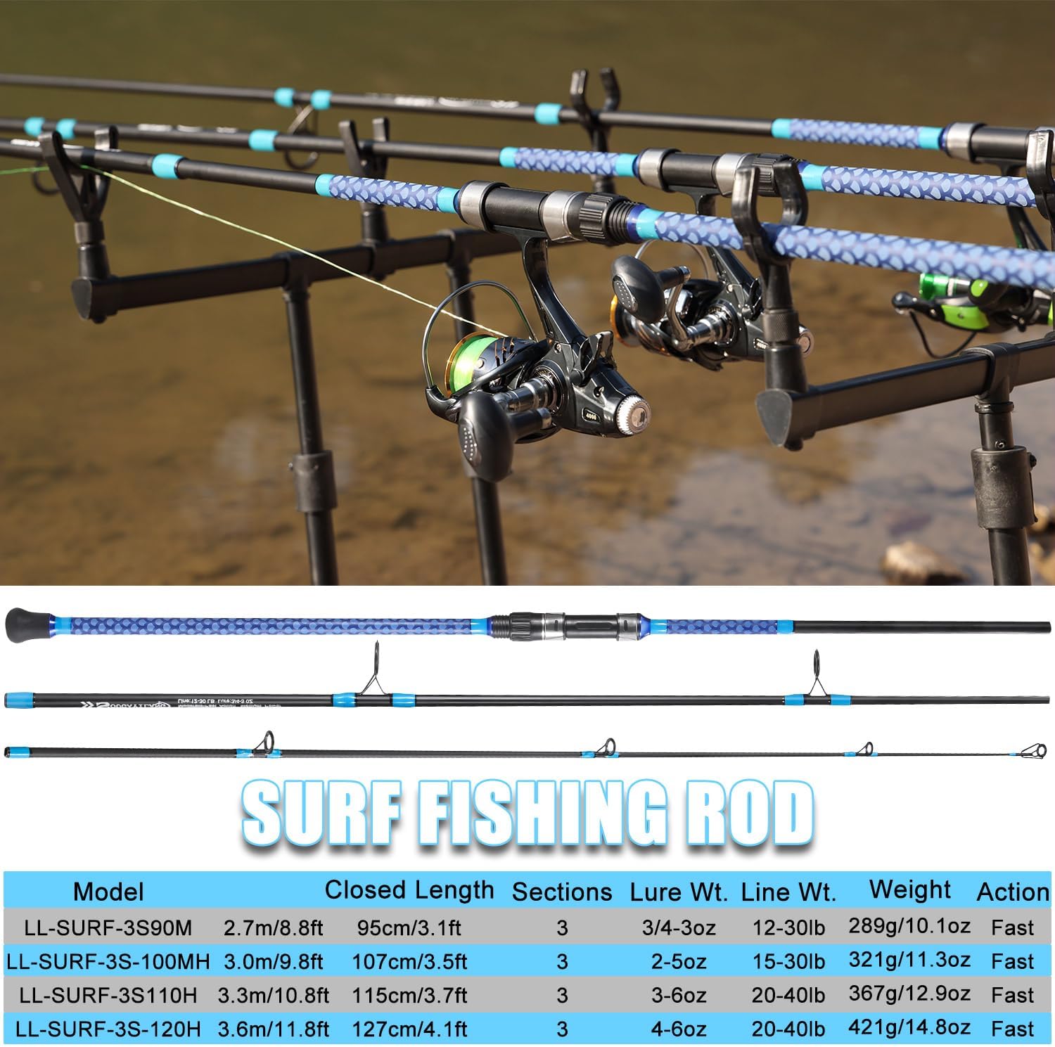 Sougayilang Surf Fishing Rod Carbon 3 Piece Spinning Fishing Rod 9/10'/11'/12'for Travel · v3