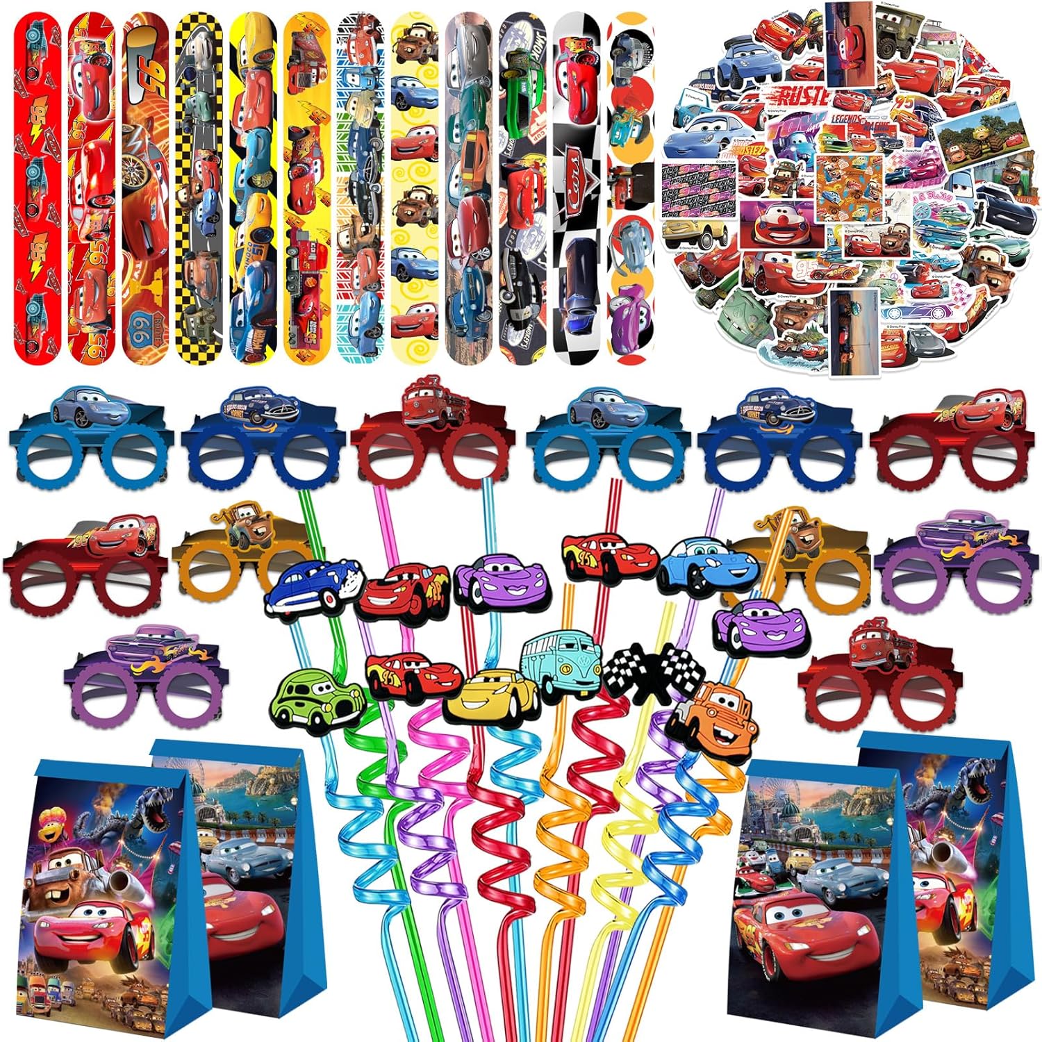 delaimastor 98PCS Cars Party Favor Supplies -Reusable Drinking straws MasksSlap Bracelets Candy Bagsamp; Car Stickers Gifts for Kids Birthday Cars Themed Party Favors Birthday Decorations · v5