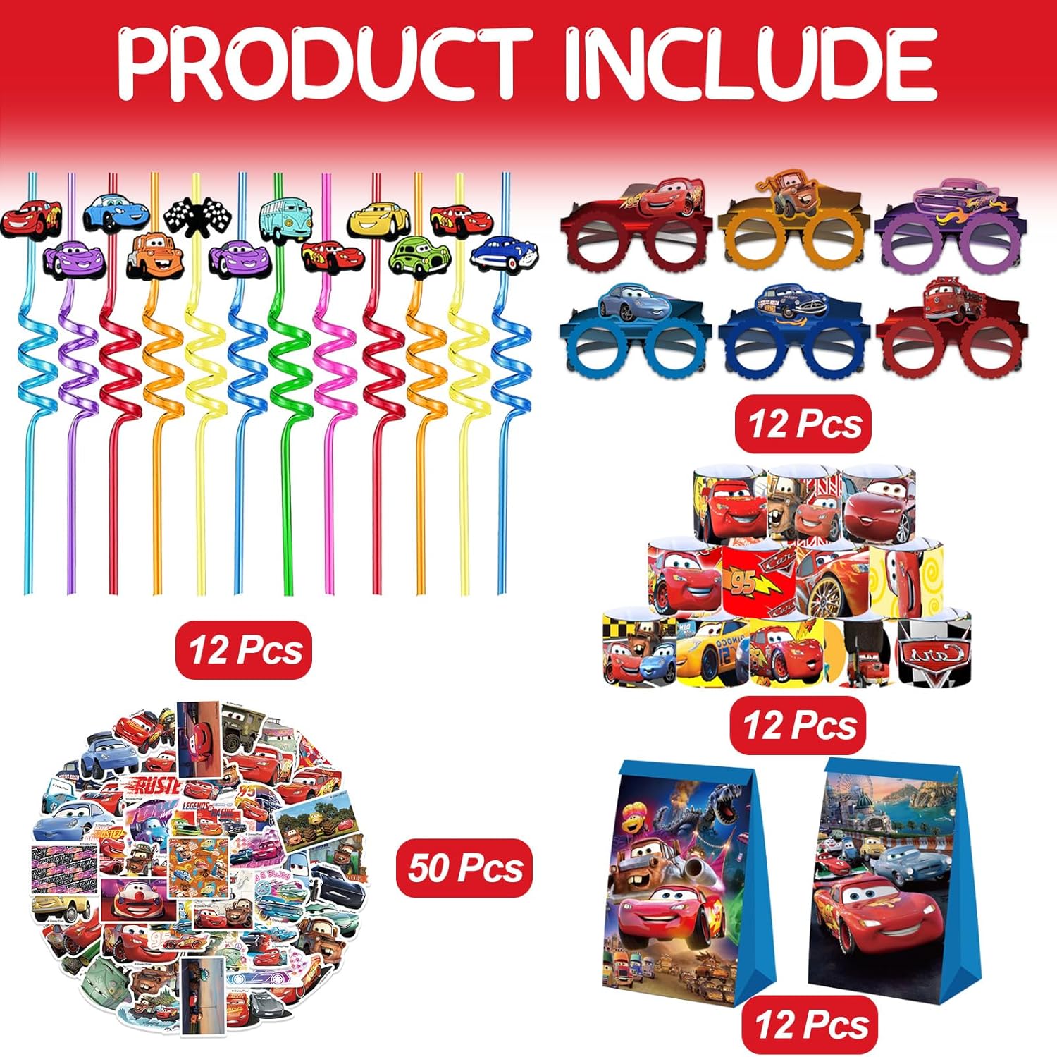 delaimastor 98PCS Cars Party Favor Supplies - Многоразовые питьевые трубочки Маски Браслеты для пощечин Конфетные пакеты и наклейки для автомобилей Подарки для детей День рождения Машины Тематические вечеринки Украшения на день рождения