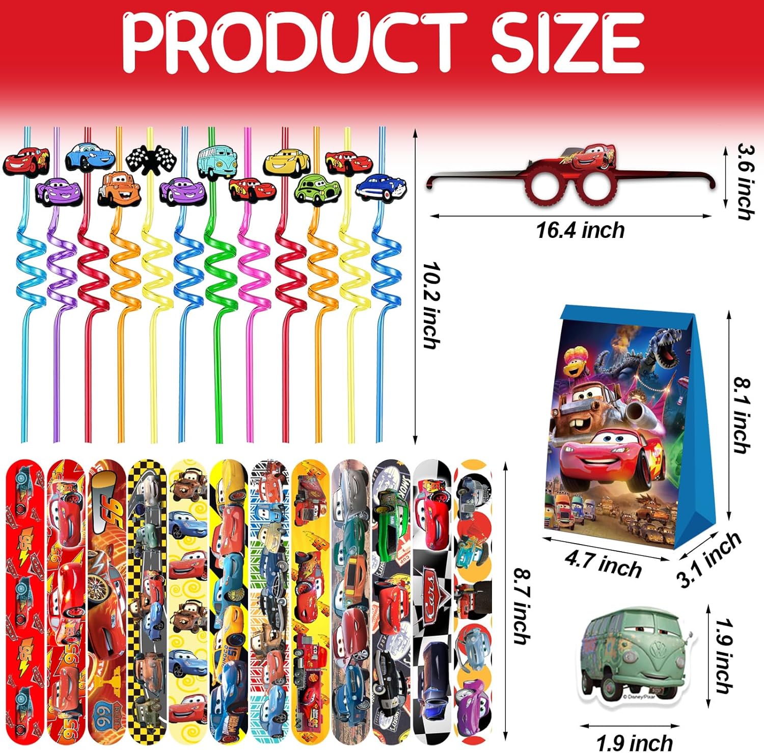 delaimastor 98PCS Cars Party Favor Supplies - Многоразовые питьевые трубочки Маски Браслеты для пощечин Конфетные пакеты и наклейки для автомобилей Подарки для детей День рождения Машины Тематические вечеринки Украшения на день рождения