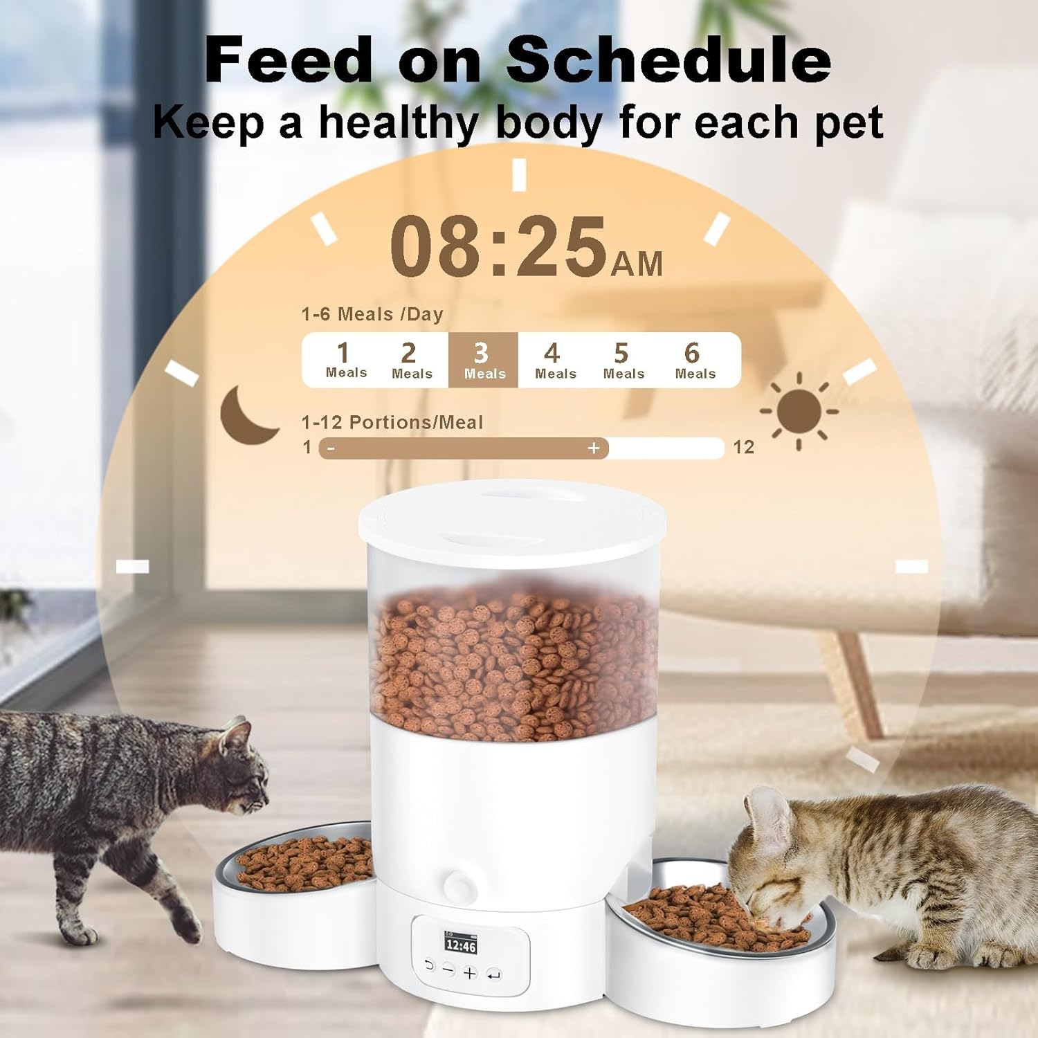 Automatic Cat Feeder for 2 Cats, 3L Cat Food Dispenser SURDY Auto Cat Feeder with 2 Stainless Bowls, 10s Meal Call Dual Power Supply and Timer Setting 12 Portions 6 Meals Per Day for Cats and Dogs · v6