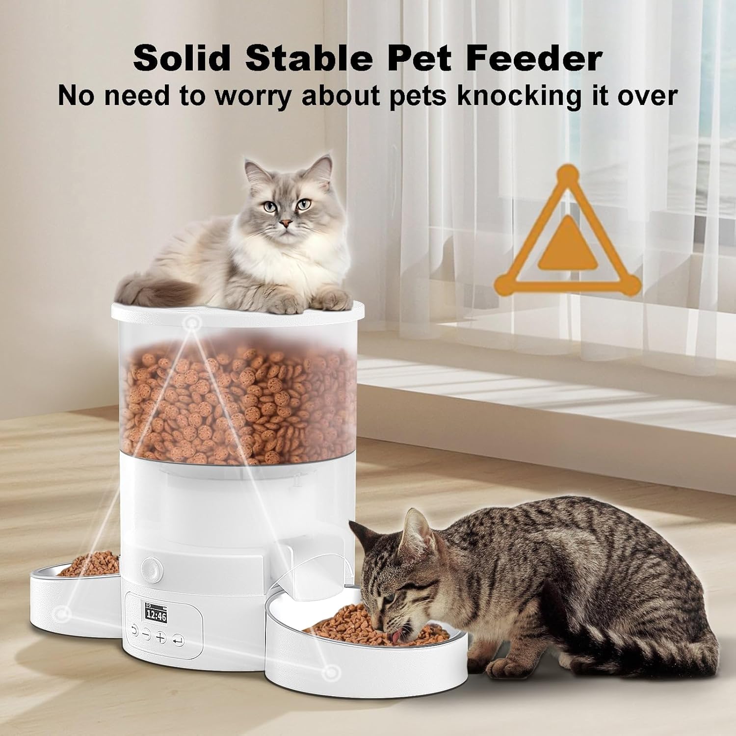Automatic Cat Feeder for 2 Cats, 3L Cat Food Dispenser SURDY Auto Cat Feeder with 2 Stainless Bowls, 10s Meal Call Dual Power Supply and Timer Setting 12 Portions 6 Meals Per Day for Cats and Dogs · v6