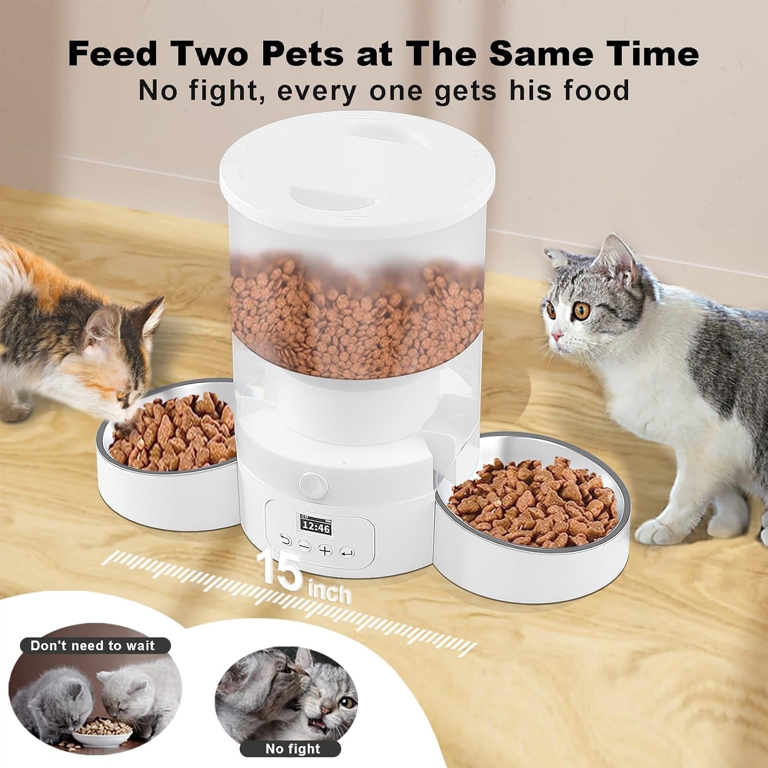 Automatic Cat Feeder for 2 Cats, 3L Cat Food Dispenser SURDY Auto Cat Feeder with 2 Stainless Bowls, 10s Meal Call Dual Power Supply and Timer Setting 12 Portions 6 Meals Per Day for Cats and Dogs · v6