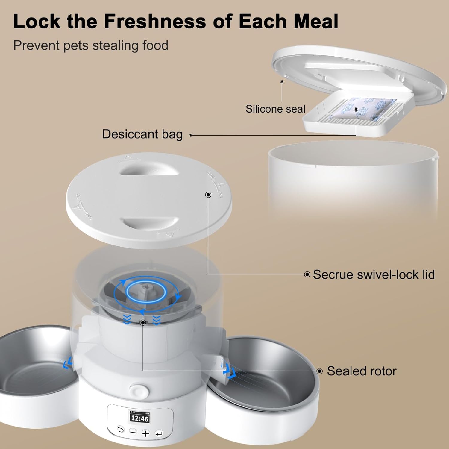 Automatic Cat Feeder for 2 Cats, 3L Cat Food Dispenser SURDY Auto Cat Feeder with 2 Stainless Bowls, 10s Meal Call Dual Power Supply and Timer Setting 12 Portions 6 Meals Per Day for Cats and Dogs · v6