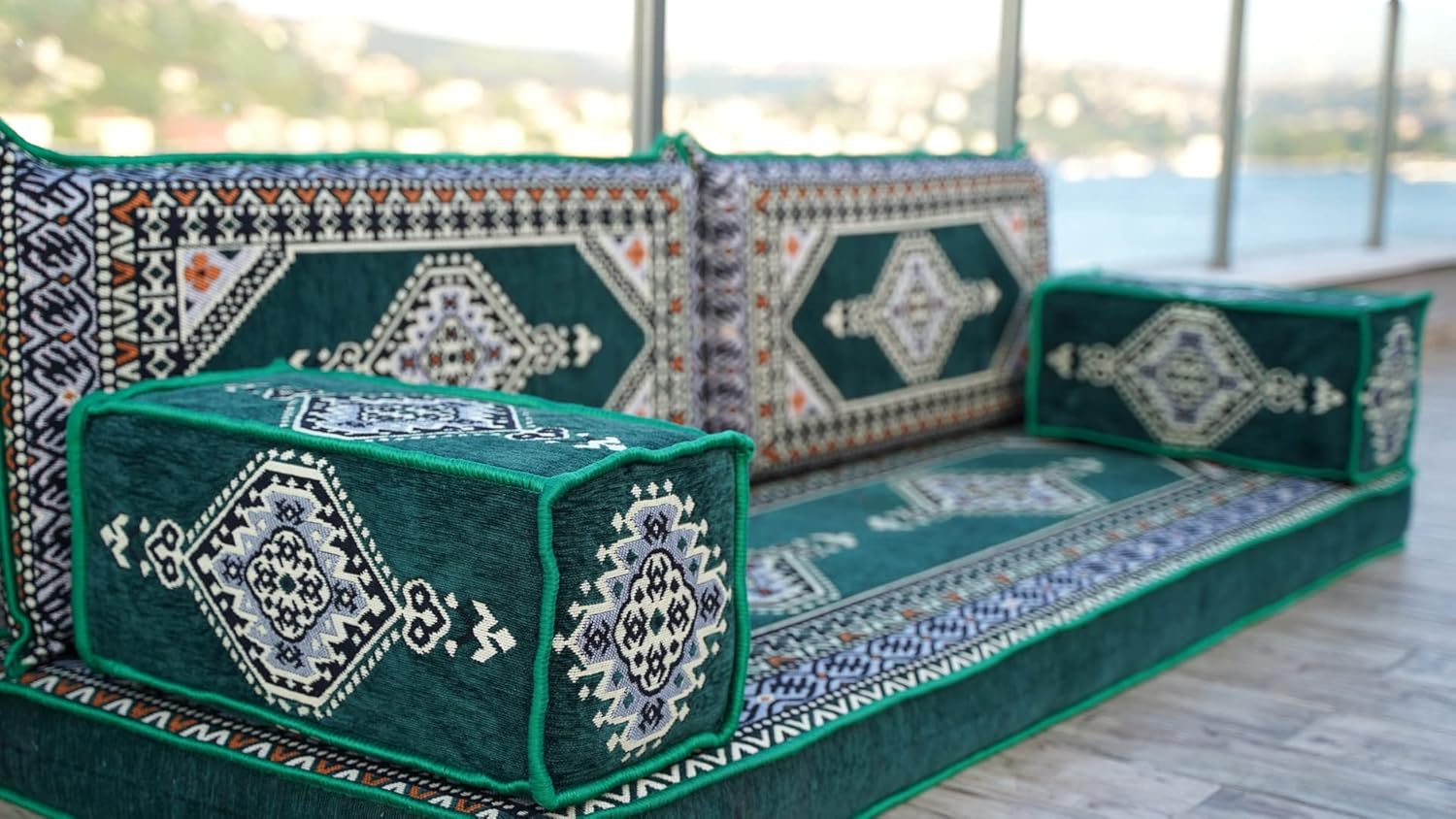 Arabic Floor Sofas, Moroccan Rug, Arabic Jalsa, Sectional Sofa, Oriental Sofa, Moroccan Floor Cushions, Ottoman Couch (4' Thickness Sofa, Sofa Only, Green) · v3