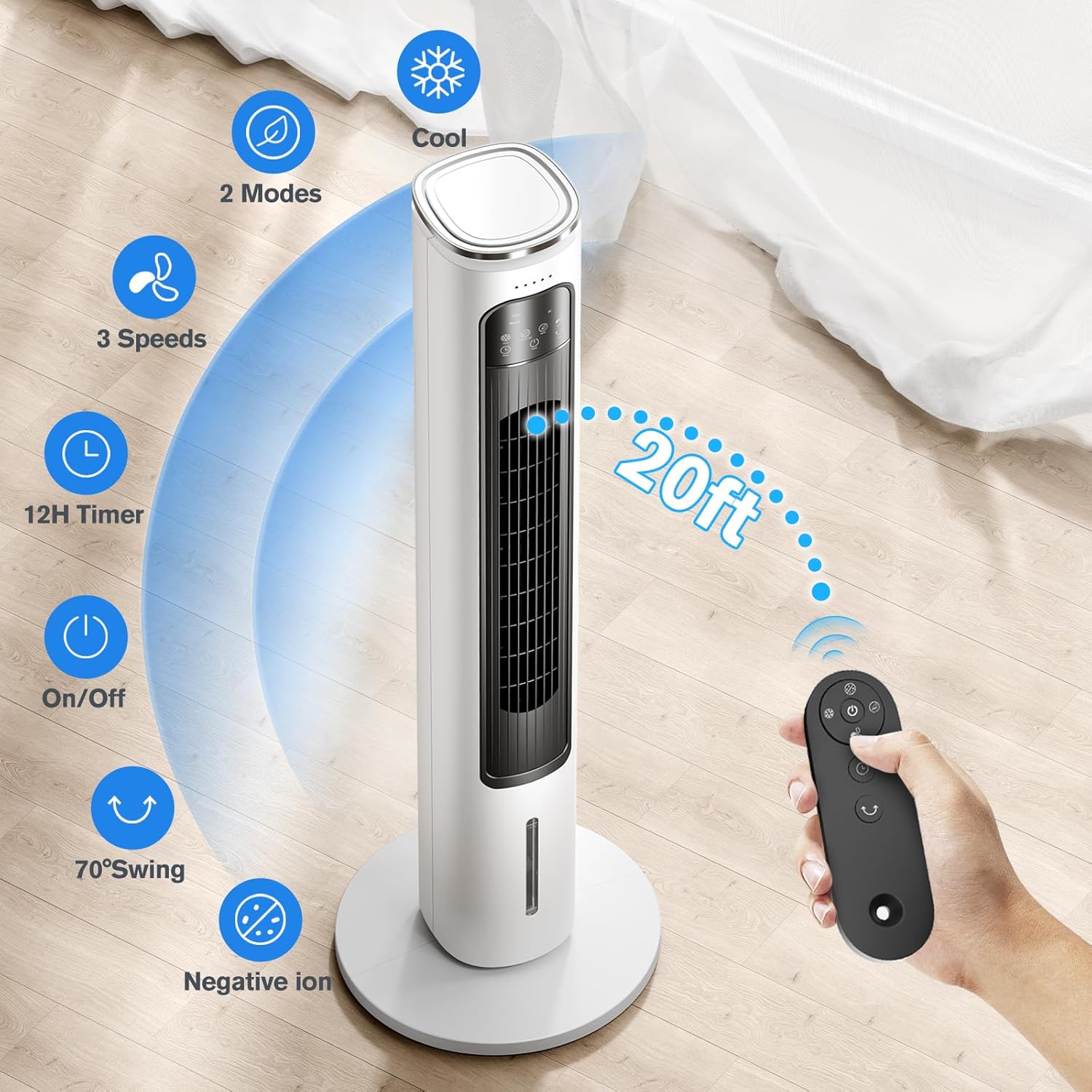 Tragbare 3-IN-1-Klimaanlagen, Turmventilator, 37-Zoll-Verdunstungsluftkühler mit Fernbedienung, 2,5-Liter-Wassertank mit 4 Kühlakkus, 12-Stunden-Smart-Timer, 70°-Oszillation, 3 Geschwindigkeiten für Schlafzimmer, Wohnzimmer, Büro