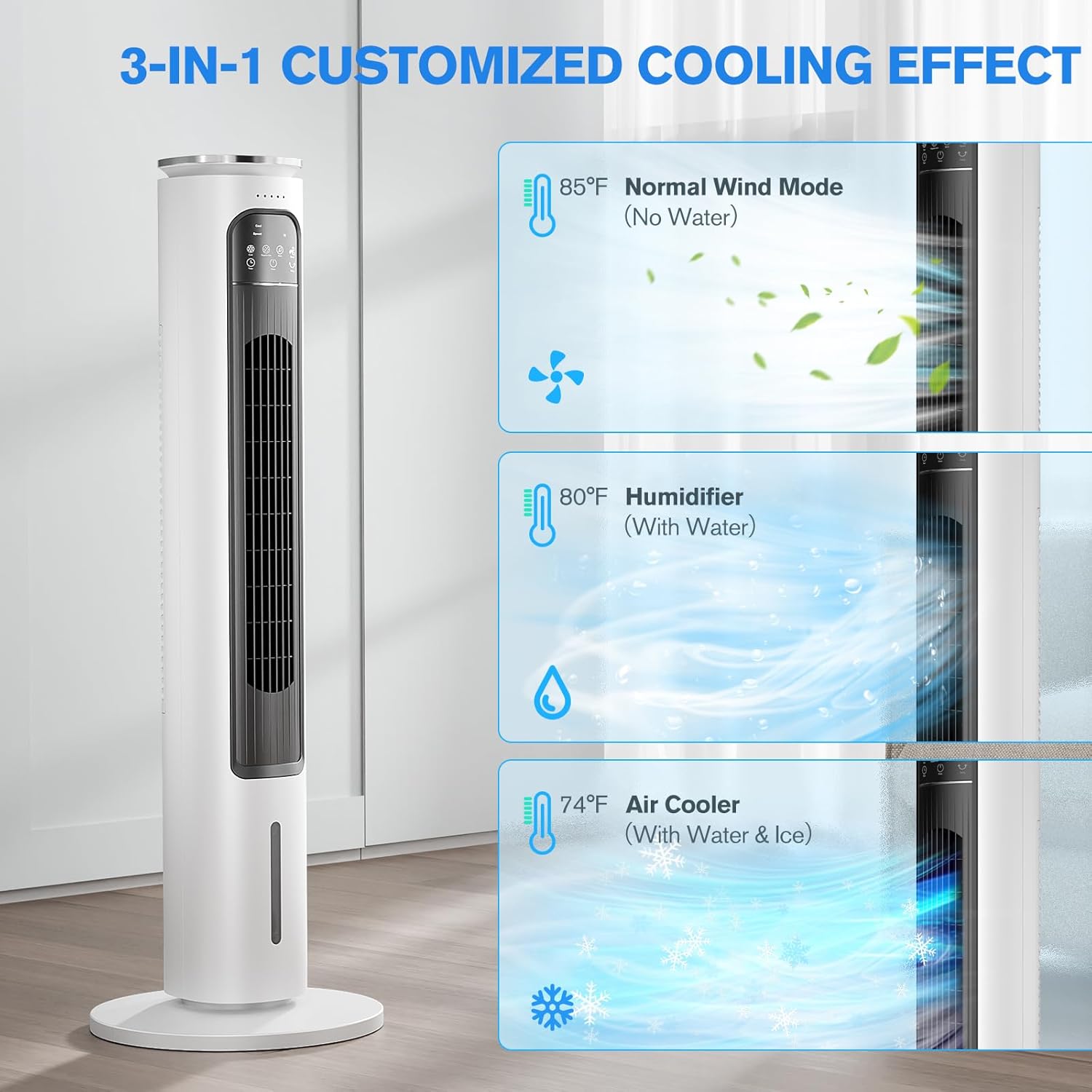 Tragbare 3-IN-1-Klimaanlagen, Turmventilator, 37-Zoll-Verdunstungsluftkühler mit Fernbedienung, 2,5-Liter-Wassertank mit 4 Kühlakkus, 12-Stunden-Smart-Timer, 70°-Oszillation, 3 Geschwindigkeiten für Schlafzimmer, Wohnzimmer, Büro