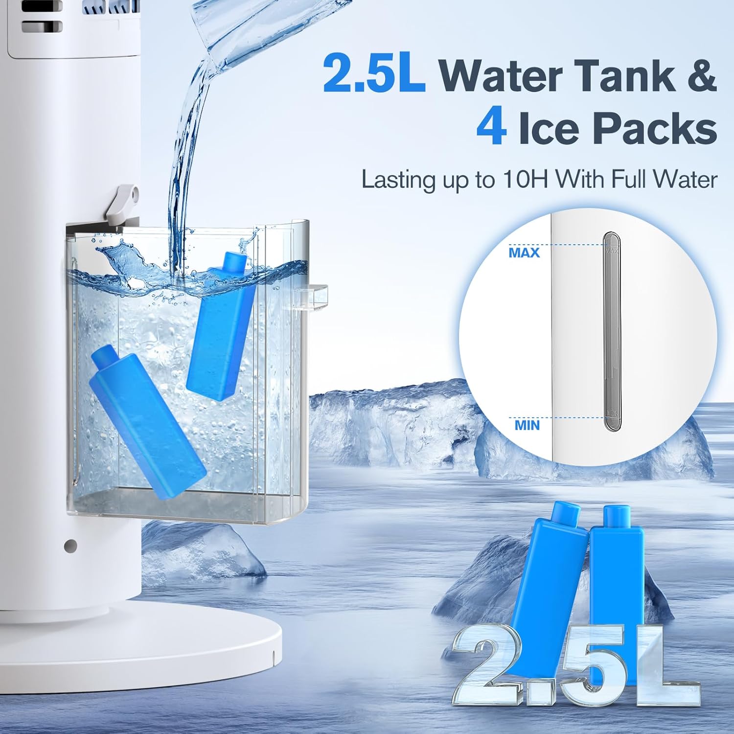 Tragbare 3-IN-1-Klimaanlagen, Turmventilator, 37-Zoll-Verdunstungsluftkühler mit Fernbedienung, 2,5-Liter-Wassertank mit 4 Kühlakkus, 12-Stunden-Smart-Timer, 70°-Oszillation, 3 Geschwindigkeiten für Schlafzimmer, Wohnzimmer, Büro