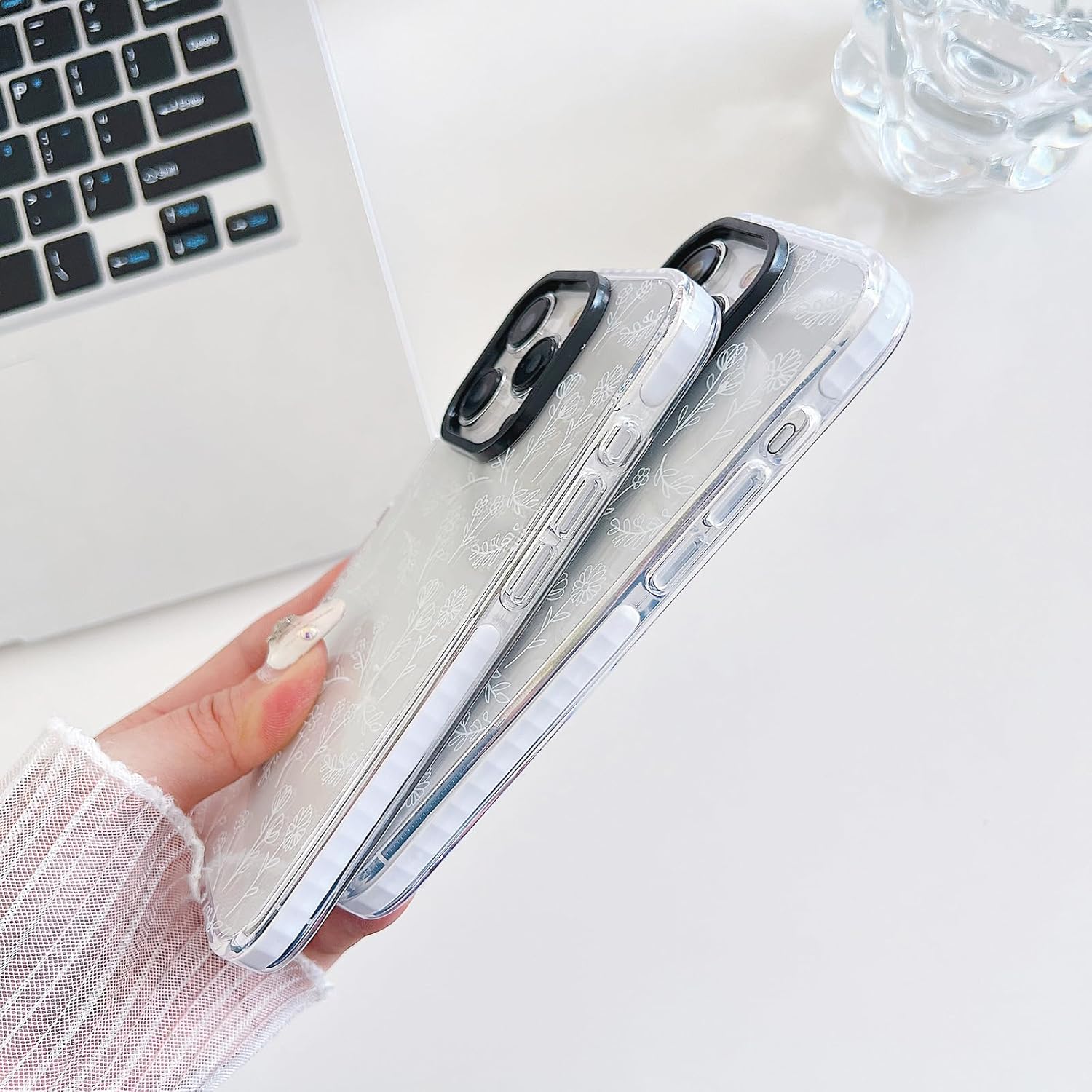 Progettata per iPhone 11, simpatici fiori bianchi in silicone trasparente, per donne e ragazze, custodia per telefono antiscivolo e antigraffio, (compatibile con iPhone 11 - trasparente)