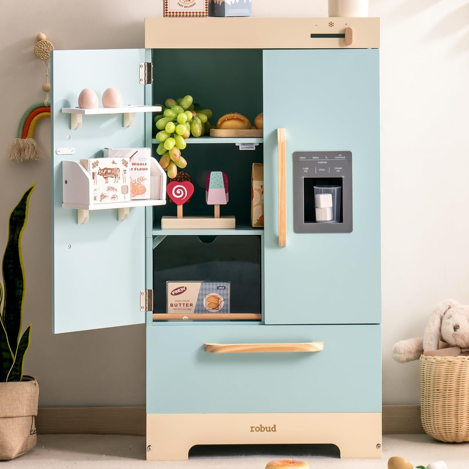 ROBUD Fridge Refrigerator with Ice Dispenser, Wooden Play Fridge Freezer Set for Kids, Toddler Kitchen Playset with Full Accessories Pretend Play Set, Gift for Boys  Girls, Age 3 · v4