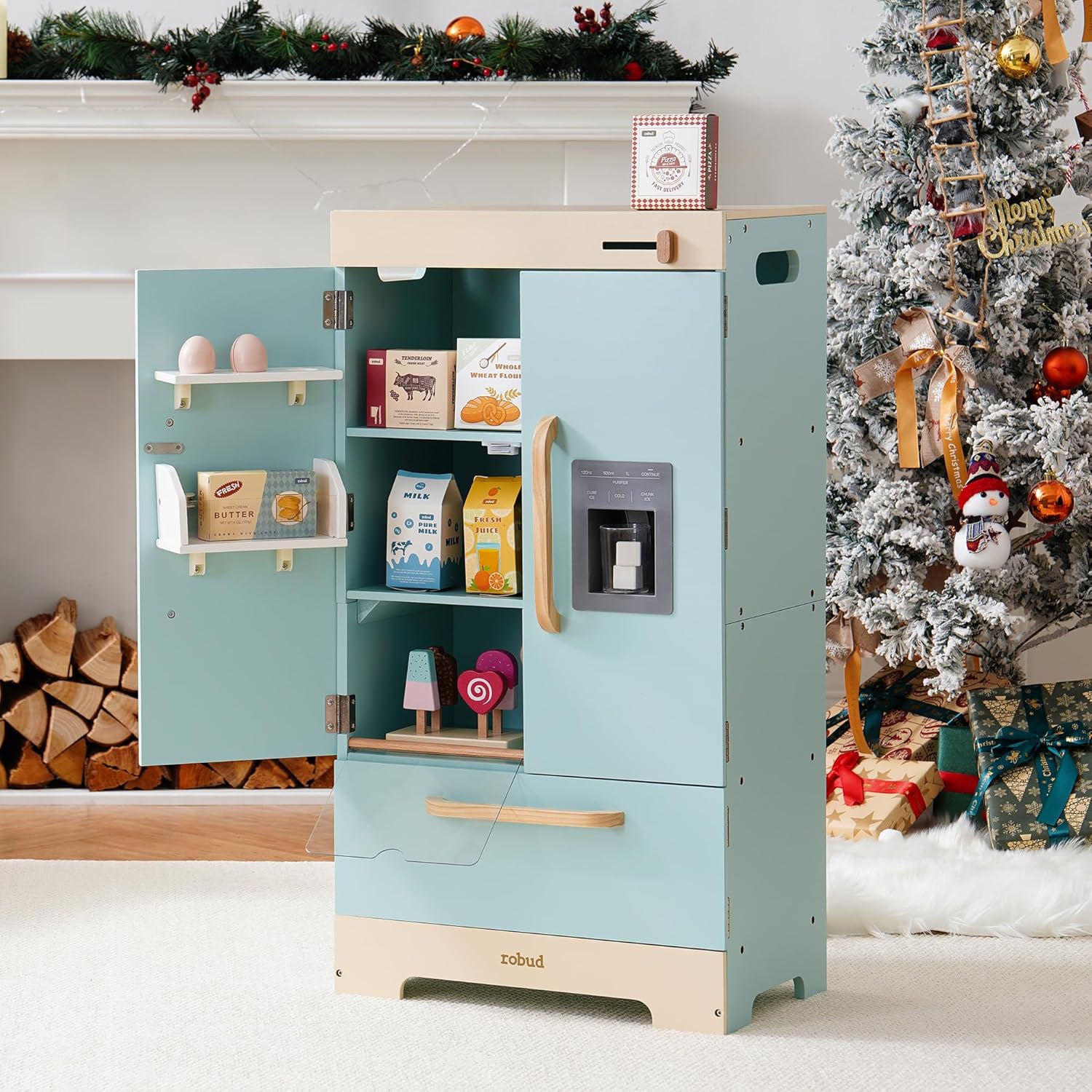 ROBUD Fridge Refrigerator with Ice Dispenser, Wooden Play Fridge Freezer Set for Kids, Toddler Kitchen Playset with Full Accessories Pretend Play Set, Gift for Boys  Girls, Age 3 · v4