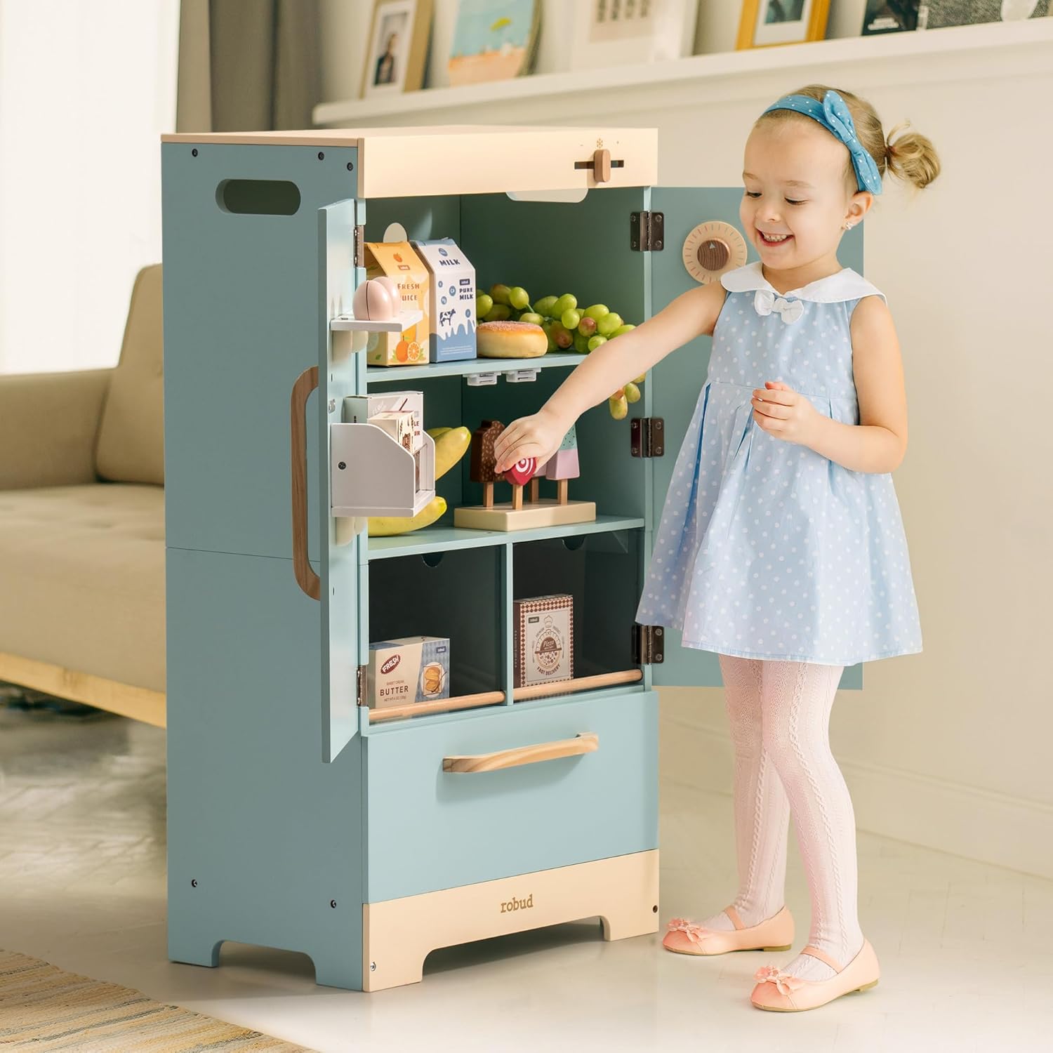 ROBUD Fridge Refrigerator with Ice Dispenser, Wooden Play Fridge Freezer Set for Kids, Toddler Kitchen Playset with Full Accessories Pretend Play Set, Gift for Boys  Girls, Age 3 · v4