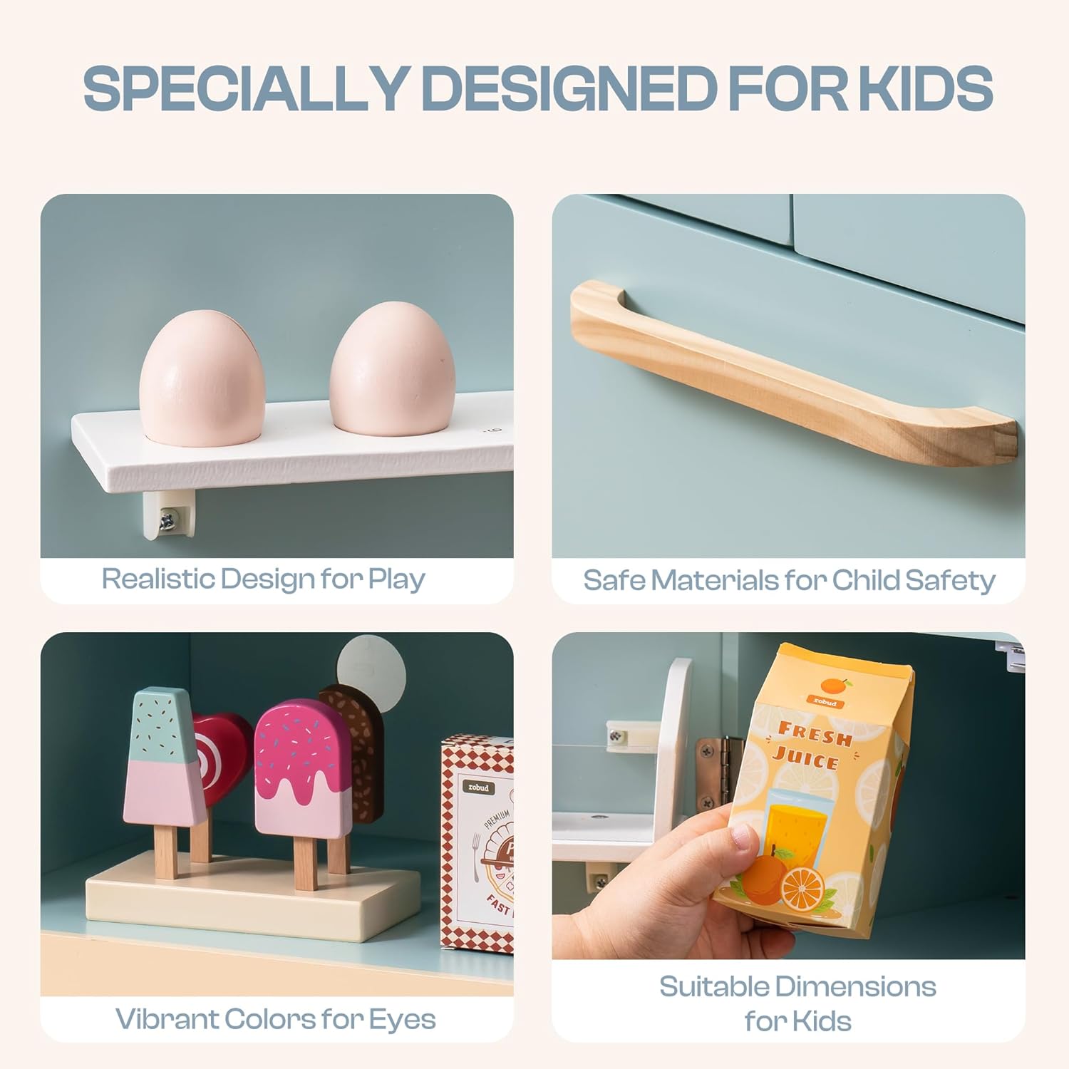 ROBUD Fridge Refrigerator with Ice Dispenser, Wooden Play Fridge Freezer Set for Kids, Toddler Kitchen Playset with Full Accessories Pretend Play Set, Gift for Boys  Girls, Age 3 · v4