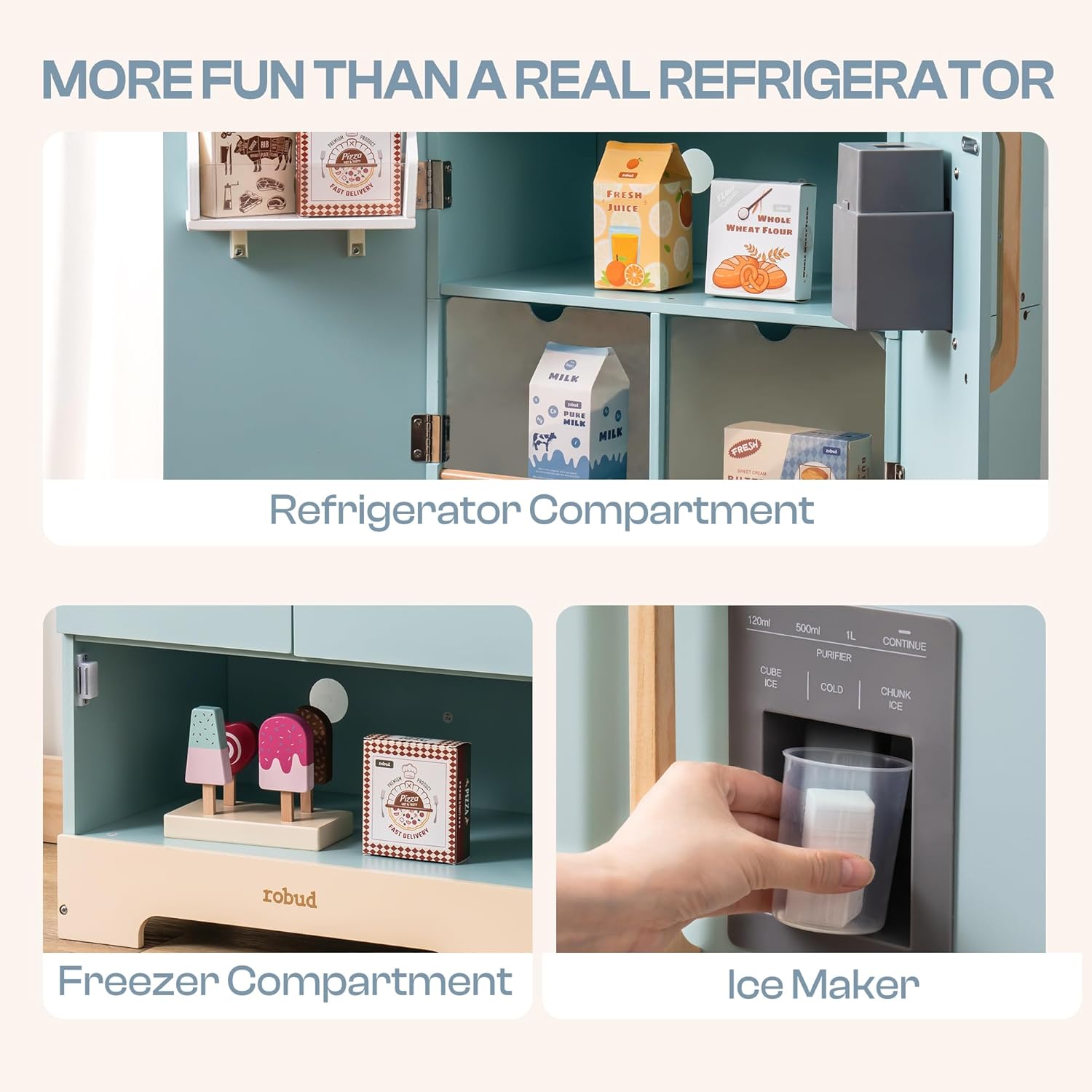 ROBUD Fridge Refrigerator with Ice Dispenser, Wooden Play Fridge Freezer Set for Kids, Toddler Kitchen Playset with Full Accessories Pretend Play Set, Gift for Boys  Girls, Age 3 · v4