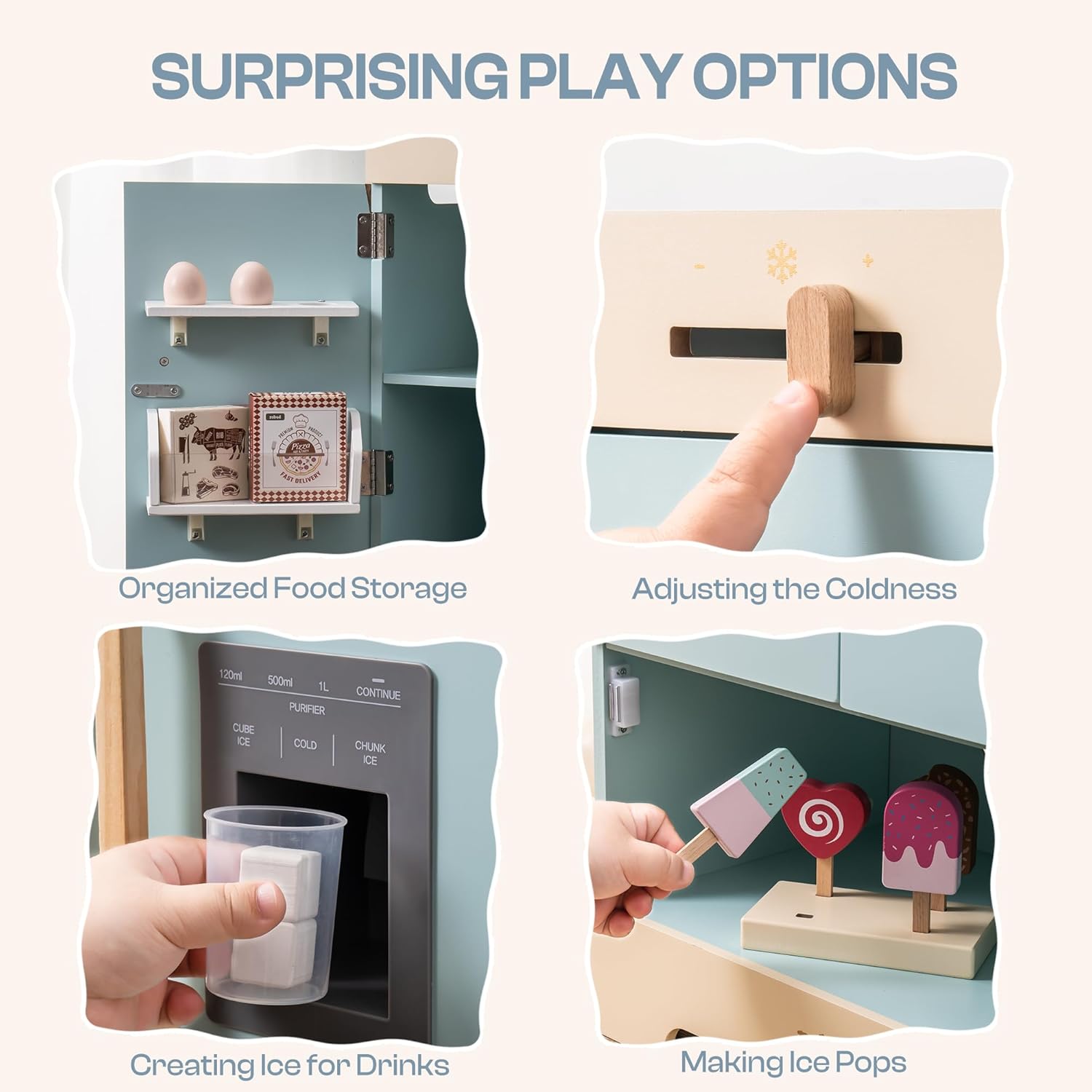 ROBUD Fridge Refrigerator with Ice Dispenser, Wooden Play Fridge Freezer Set for Kids, Toddler Kitchen Playset with Full Accessories Pretend Play Set, Gift for Boys  Girls, Age 3 · v4