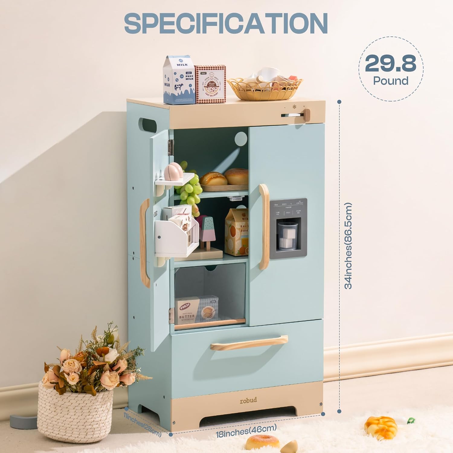 ROBUD Fridge Refrigerator with Ice Dispenser, Wooden Play Fridge Freezer Set for Kids, Toddler Kitchen Playset with Full Accessories Pretend Play Set, Gift for Boys  Girls, Age 3 · v4