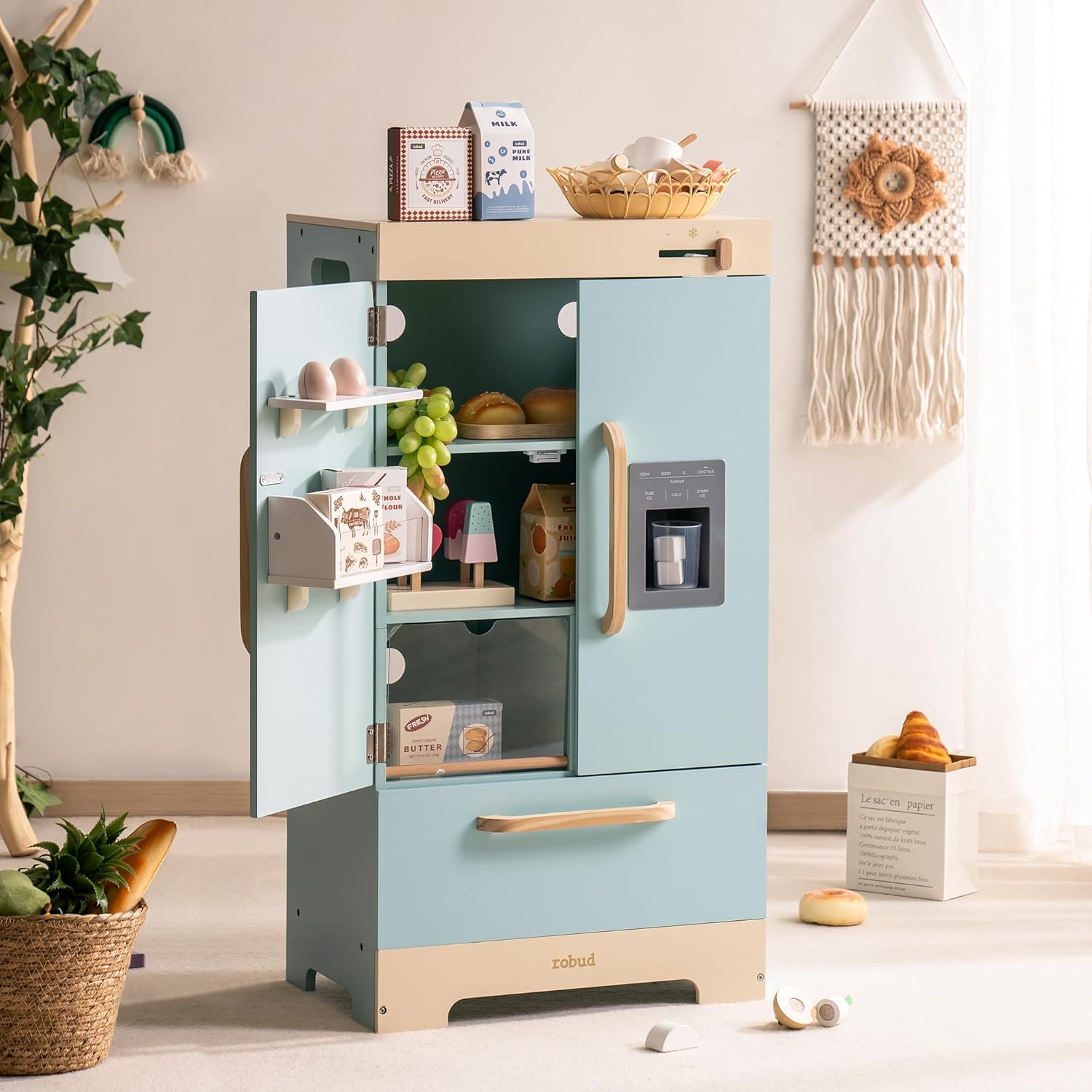 ROBUD Fridge Refrigerator with Ice Dispenser, Wooden Play Fridge Freezer Set for Kids, Toddler Kitchen Playset with Full Accessories Pretend Play Set, Gift for Boys  Girls, Age 3 · v4
