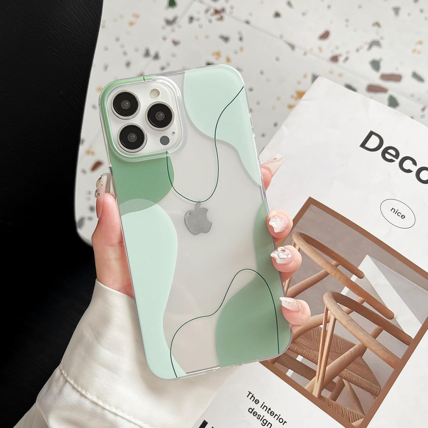 Compatible with iPhone 13 Pro Case,Cute Clear Art Wavy Shaped Painted with Shockproof Slim Soft TPU Protective Cases for Women/Men Designed for iPhone 13 Pro Case (Green)