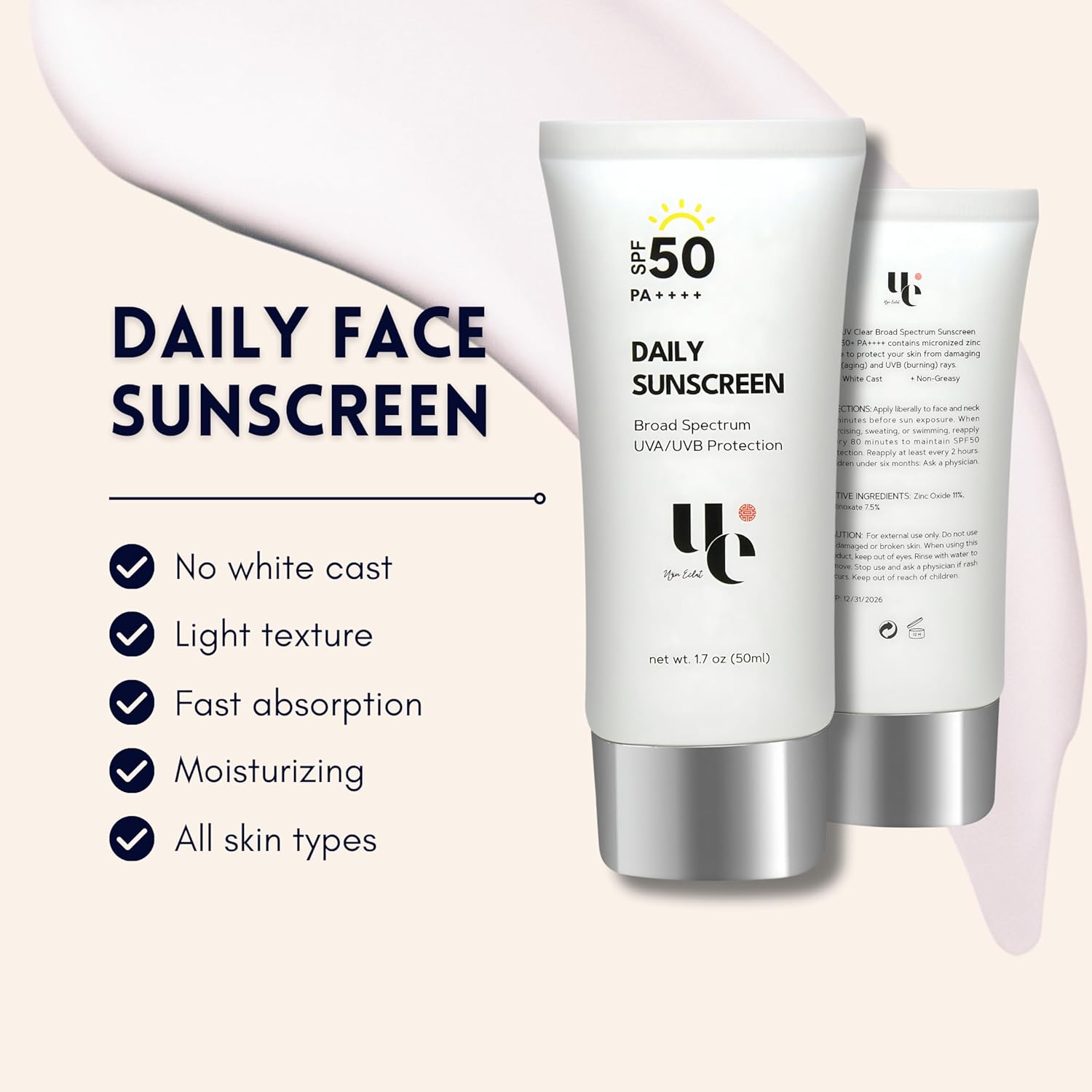 Tabir Surya UV Clear SPF 50 dengan Zinc Oxide, Perlindungan UVA dan UVB, Spektrum Luas, Tidak Berminyak, Tidak Ada White-Cast, Menenangkan, Tahan Air, Ramah TSA, 1,7 ons