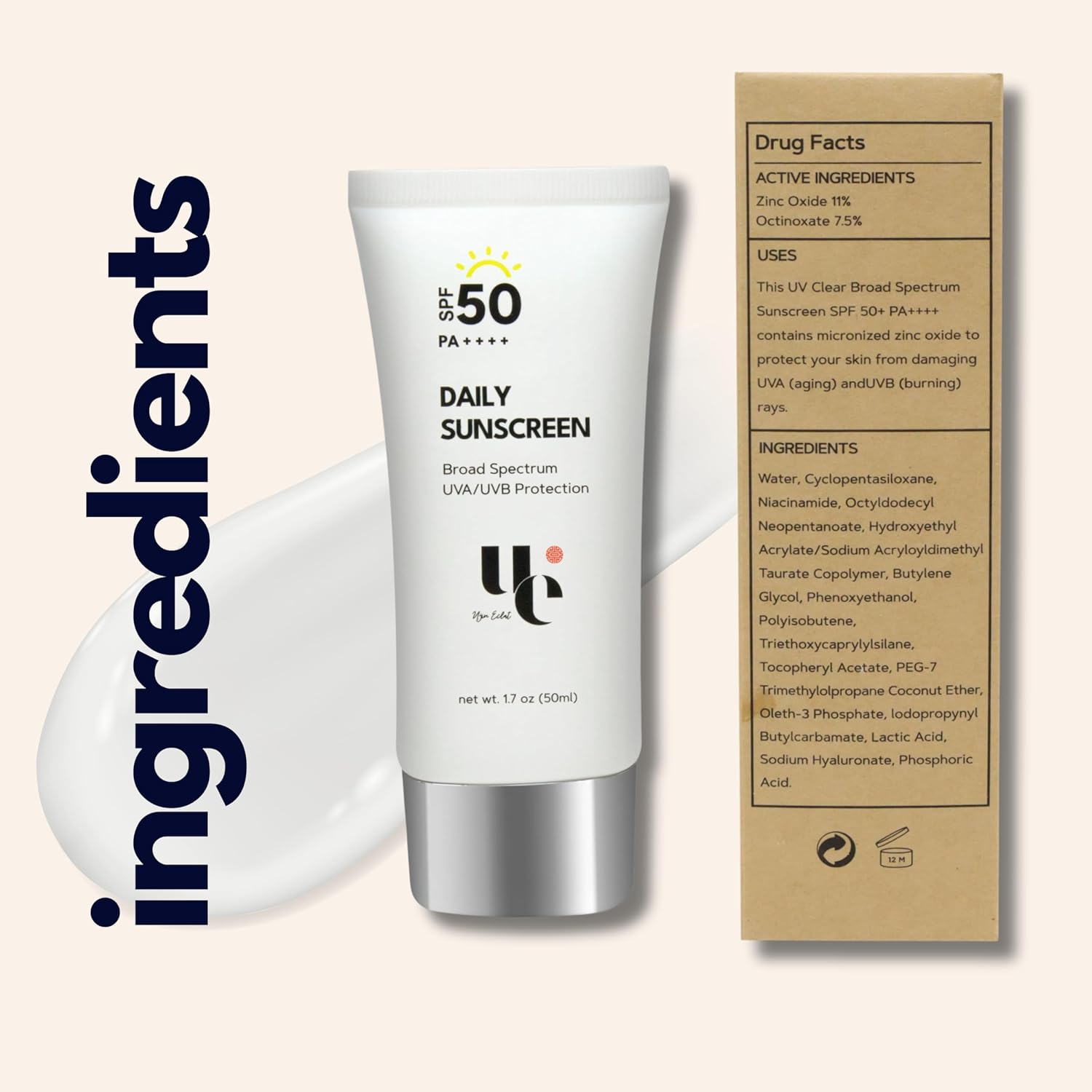 Tabir Surya UV Clear SPF 50 dengan Zinc Oxide, Perlindungan UVA dan UVB, Spektrum Luas, Tidak Berminyak, Tidak Ada White-Cast, Menenangkan, Tahan Air, Ramah TSA, 1,7 ons