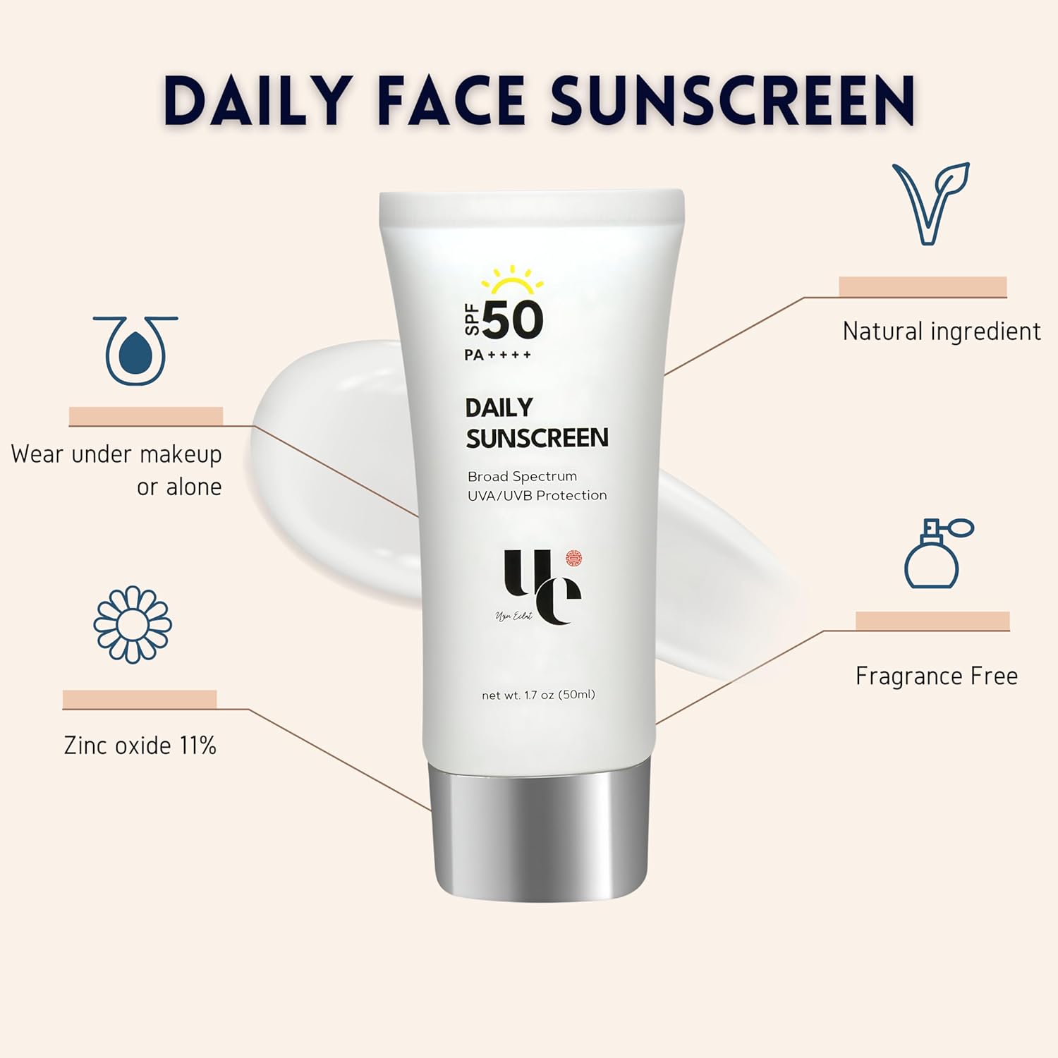 Tabir Surya UV Clear SPF 50 dengan Zinc Oxide, Perlindungan UVA dan UVB, Spektrum Luas, Tidak Berminyak, Tidak Ada White-Cast, Menenangkan, Tahan Air, Ramah TSA, 1,7 ons