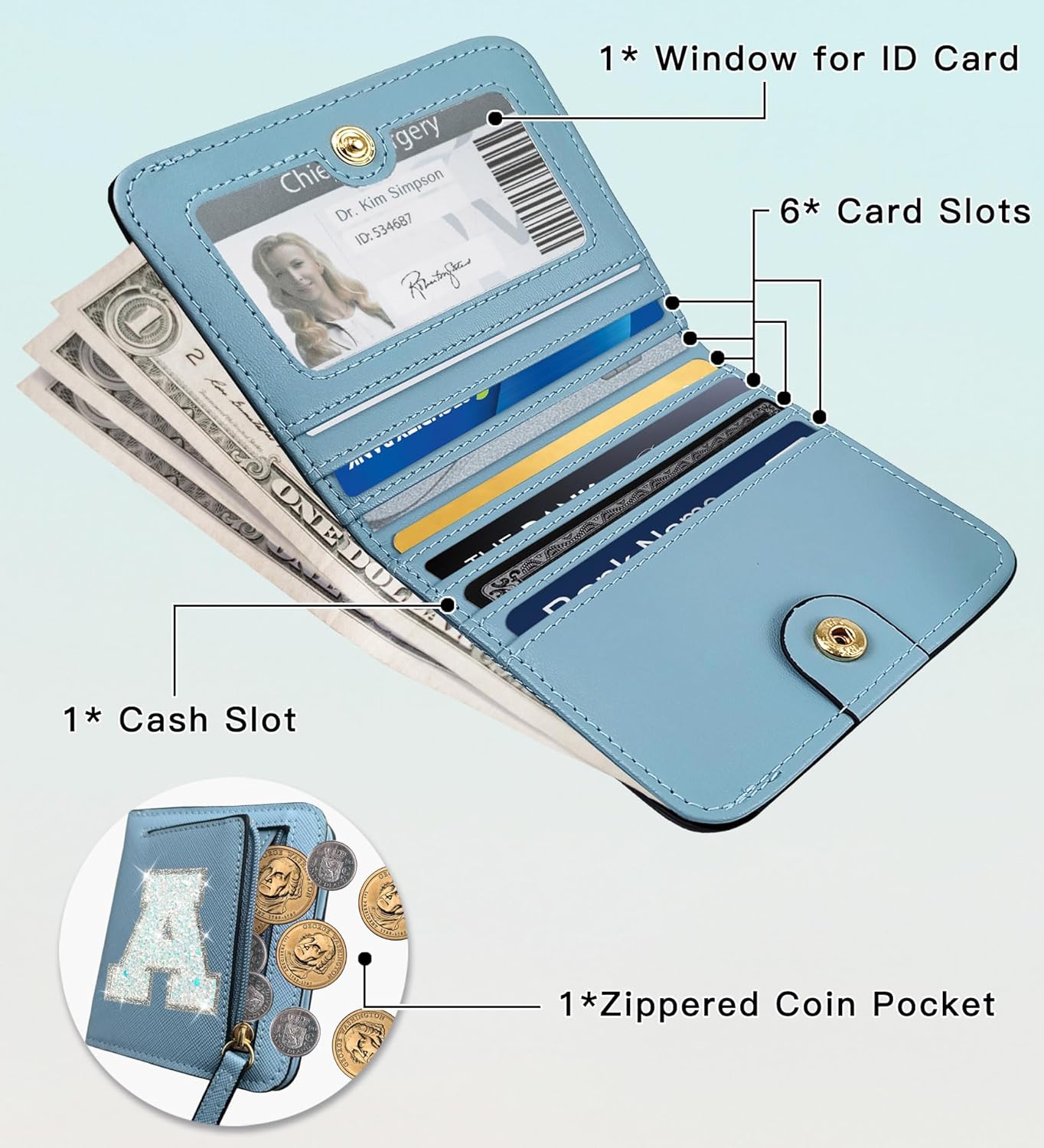COSHAYSOO Initial RFID Wallet Small for Women Teen Girl Travel Daily Necessities, Compact Bifold Change Purse with Letter Patch Card Slot Lady Personalized Gift Blue A