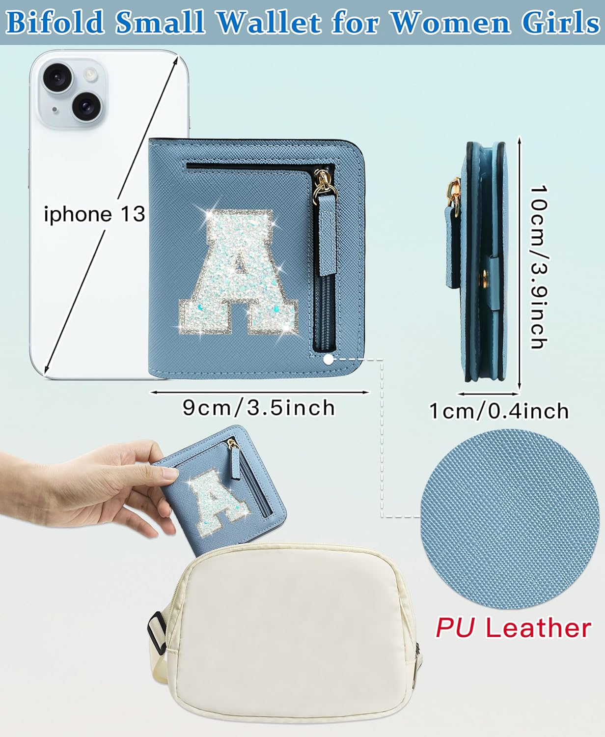 COSHAYSOO Initial RFID Wallet Small for Women Teen Girl Travel Daily Necessities, Compact Bifold Change Purse with Letter Patch Card Slot Lady Personalized Gift Blue A