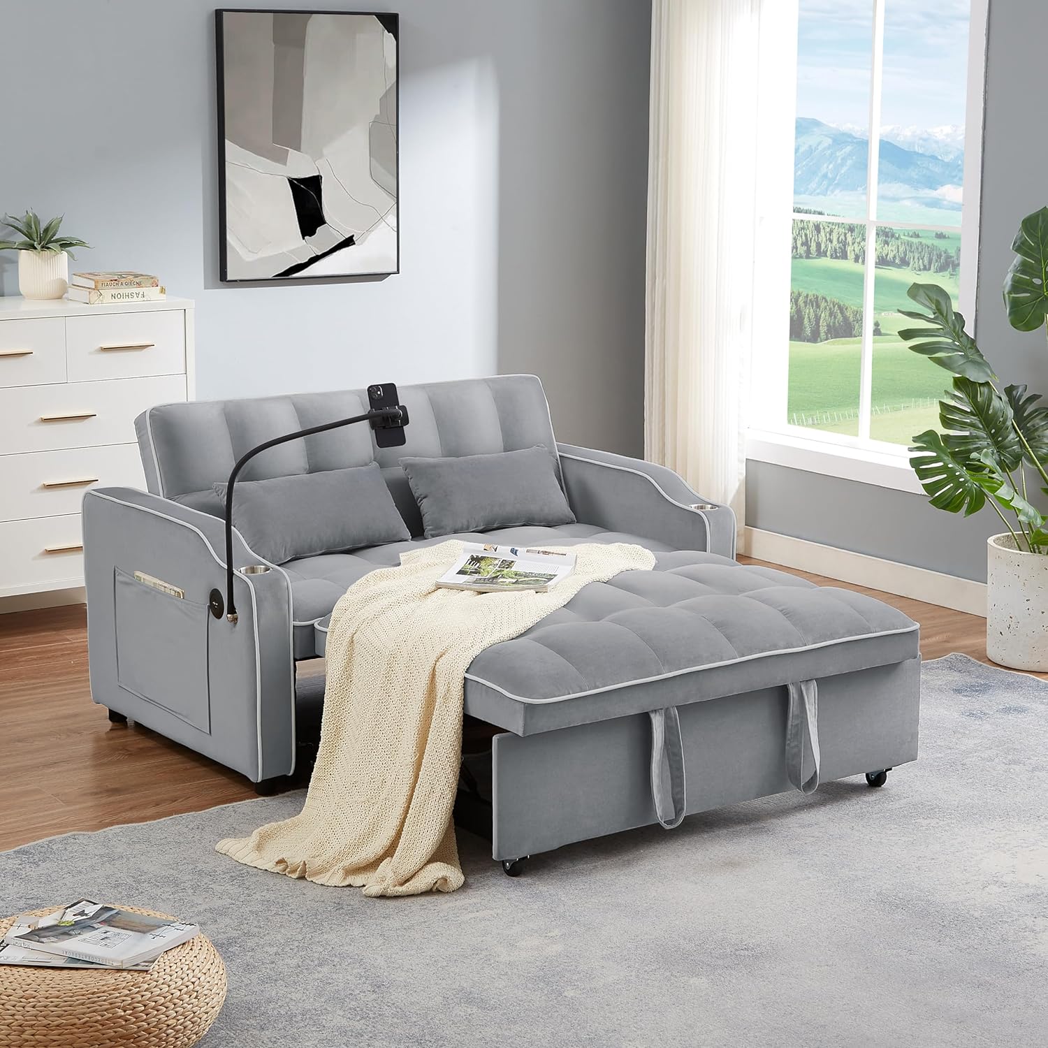 Loveseat Sleeper Sofa Bed 3 in 1 Pockets  Toss Pillows, Velvet Pull Chaise, 2-seat Fabric Convertible, Couch for Living Room Apartment Lounge, 21 D x 46.8" W x 30.7" H, Gray-64 · v2