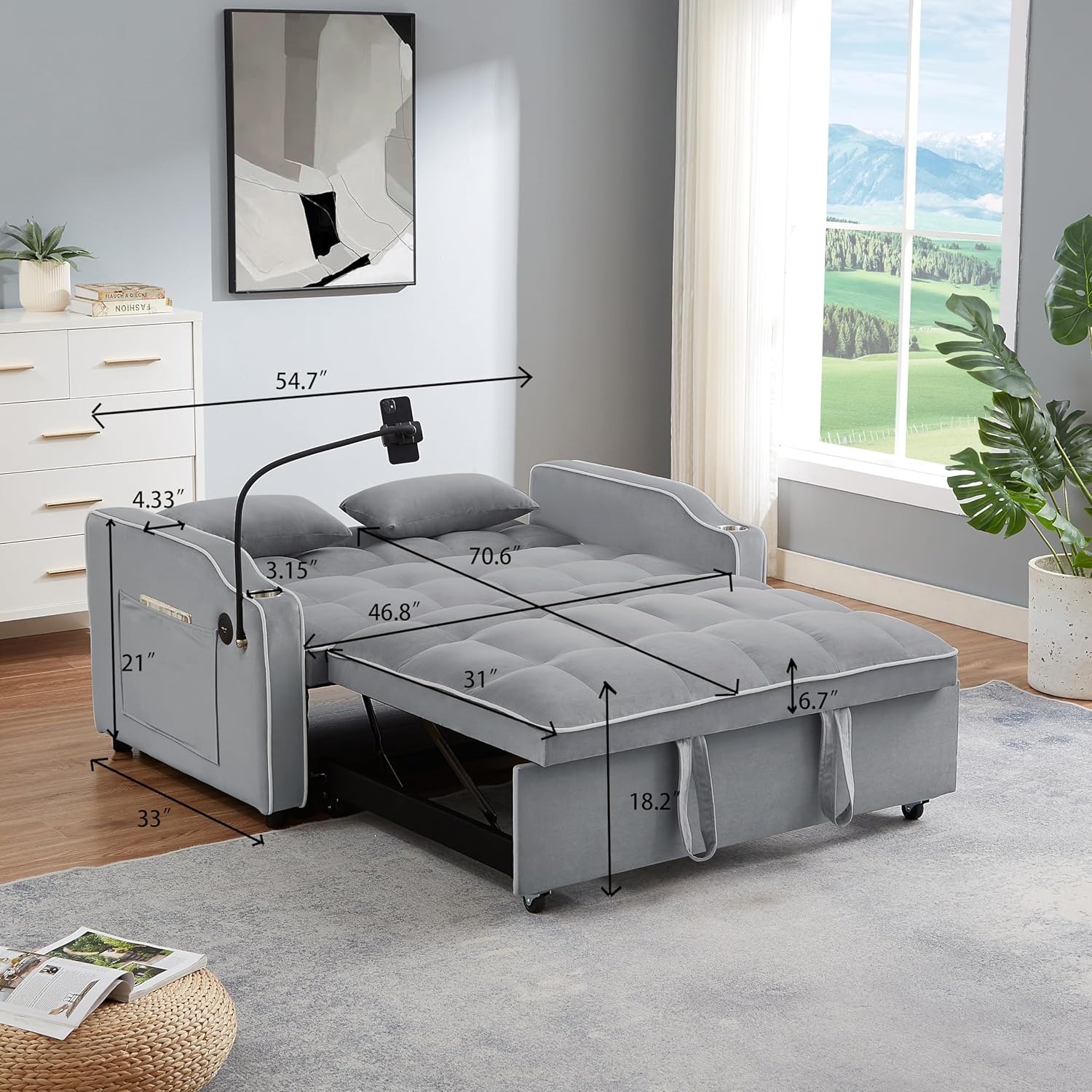 Loveseat Sleeper Sofa Bed 3 in 1 Pockets  Toss Pillows, Velvet Pull Chaise, 2-seat Fabric Convertible, Couch for Living Room Apartment Lounge, 21 D x 46.8" W x 30.7" H, Gray-64 · v2