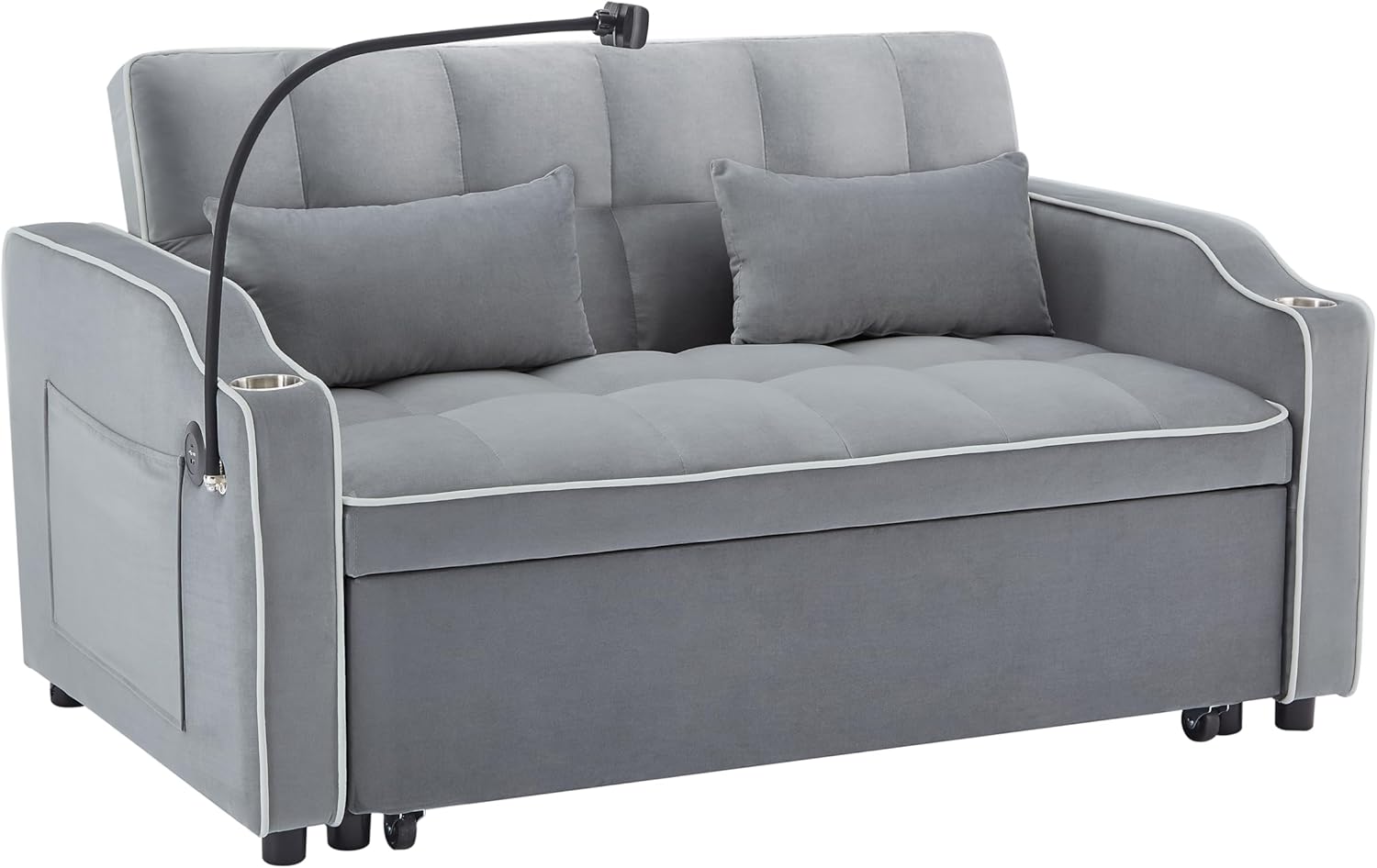 Loveseat Sleeper Sofa Bed 3 in 1 Pockets  Toss Pillows, Velvet Pull Chaise, 2-seat Fabric Convertible, Couch for Living Room Apartment Lounge, 21 D x 46.8" W x 30.7" H, Gray-64 · v2