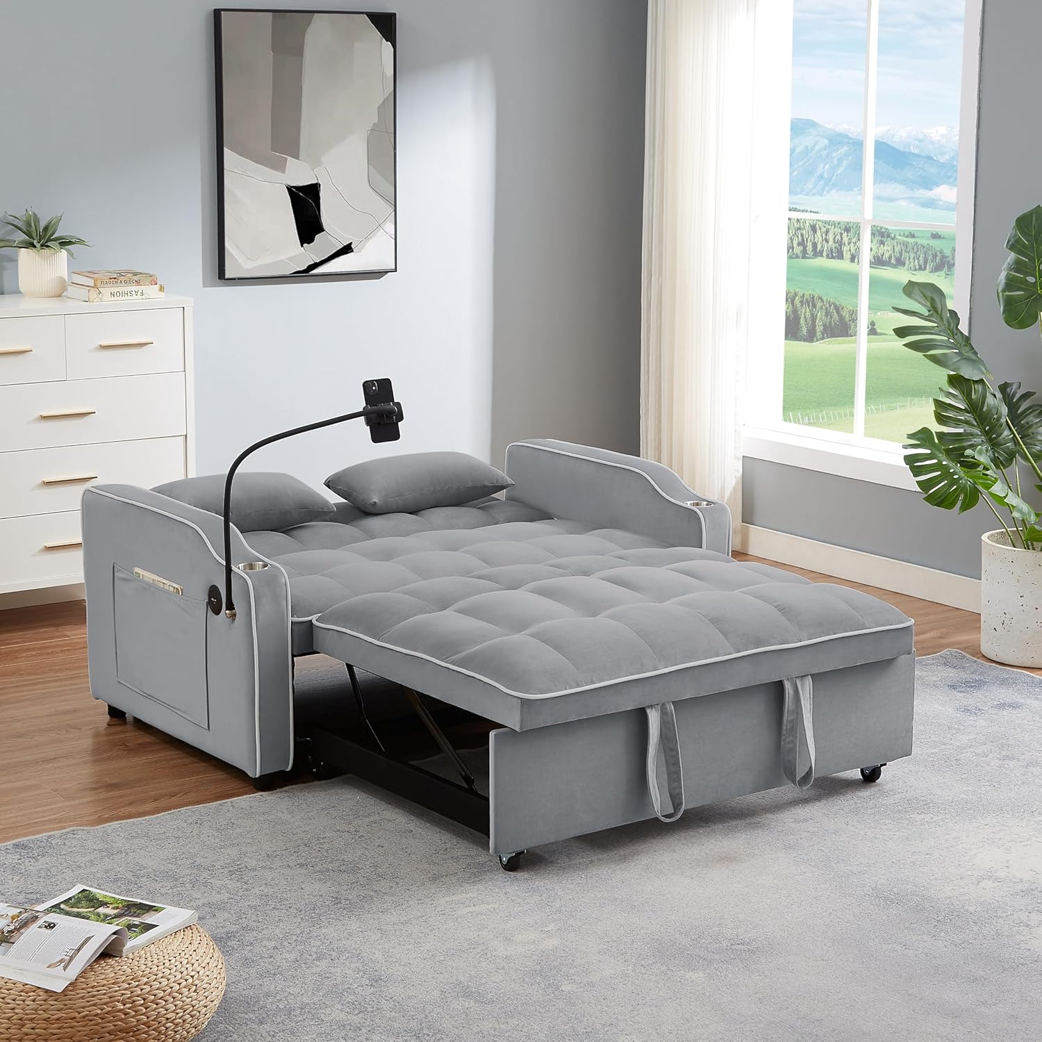 Loveseat Sleeper Sofa Bed 3 in 1 Pockets  Toss Pillows, Velvet Pull Chaise, 2-seat Fabric Convertible, Couch for Living Room Apartment Lounge, 21 D x 46.8" W x 30.7" H, Gray-64 · v2