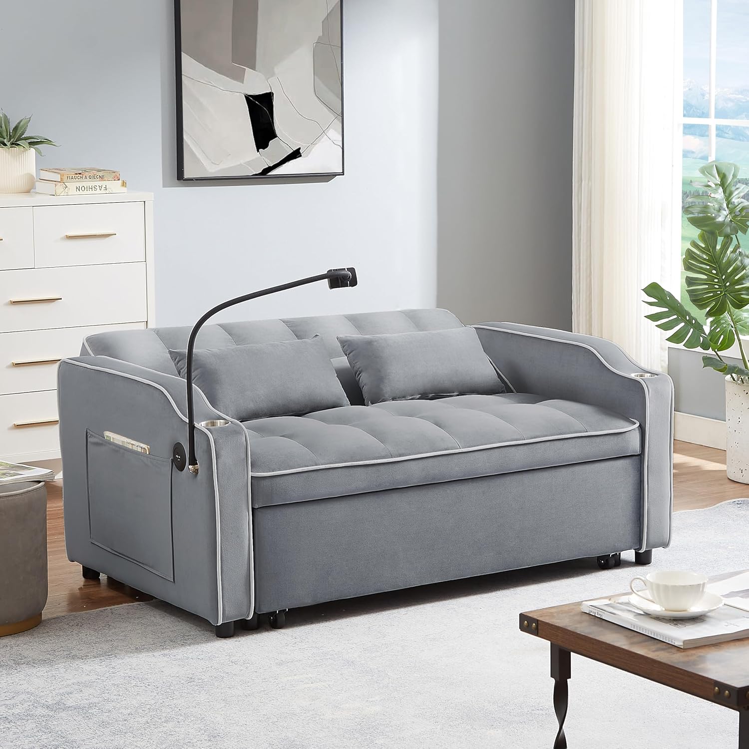 Loveseat Sleeper Sofa Bed 3 in 1 Pockets  Toss Pillows, Velvet Pull Chaise, 2-seat Fabric Convertible, Couch for Living Room Apartment Lounge, 21 D x 46.8" W x 30.7" H, Gray-64 · v2