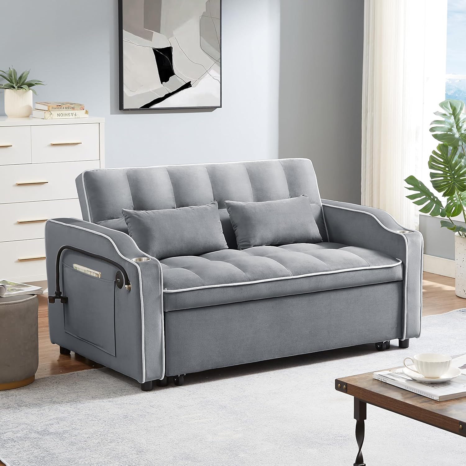 Loveseat Sleeper Sofa Bed 3 in 1 Pockets  Toss Pillows, Velvet Pull Chaise, 2-seat Fabric Convertible, Couch for Living Room Apartment Lounge, 21 D x 46.8" W x 30.7" H, Gray-64 · v2
