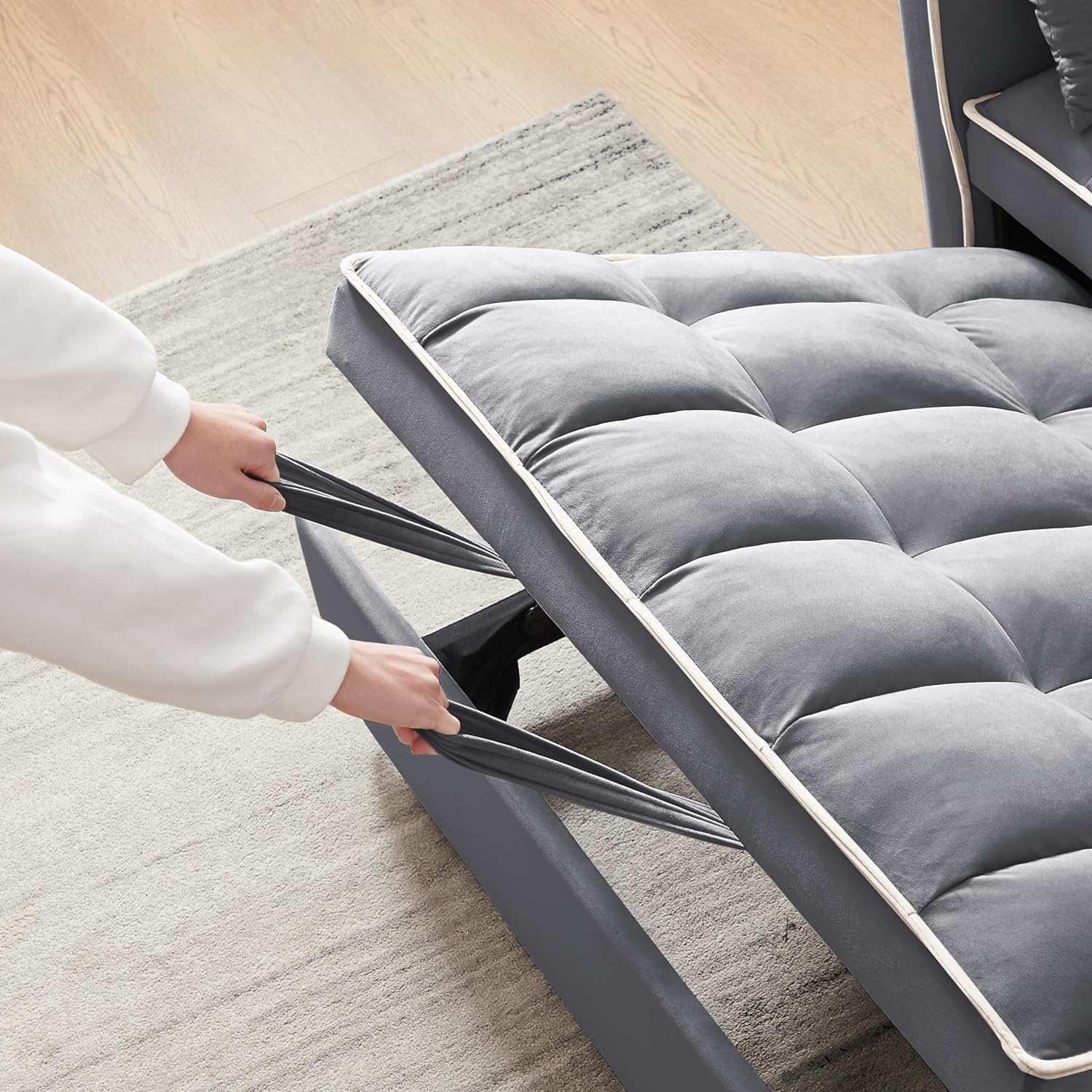 Loveseat Sleeper Sofa Bed 3 in 1 Pockets  Toss Pillows, Velvet Pull Chaise, 2-seat Fabric Convertible, Couch for Living Room Apartment Lounge, 21 D x 46.8" W x 30.7" H, Gray-64 · v2