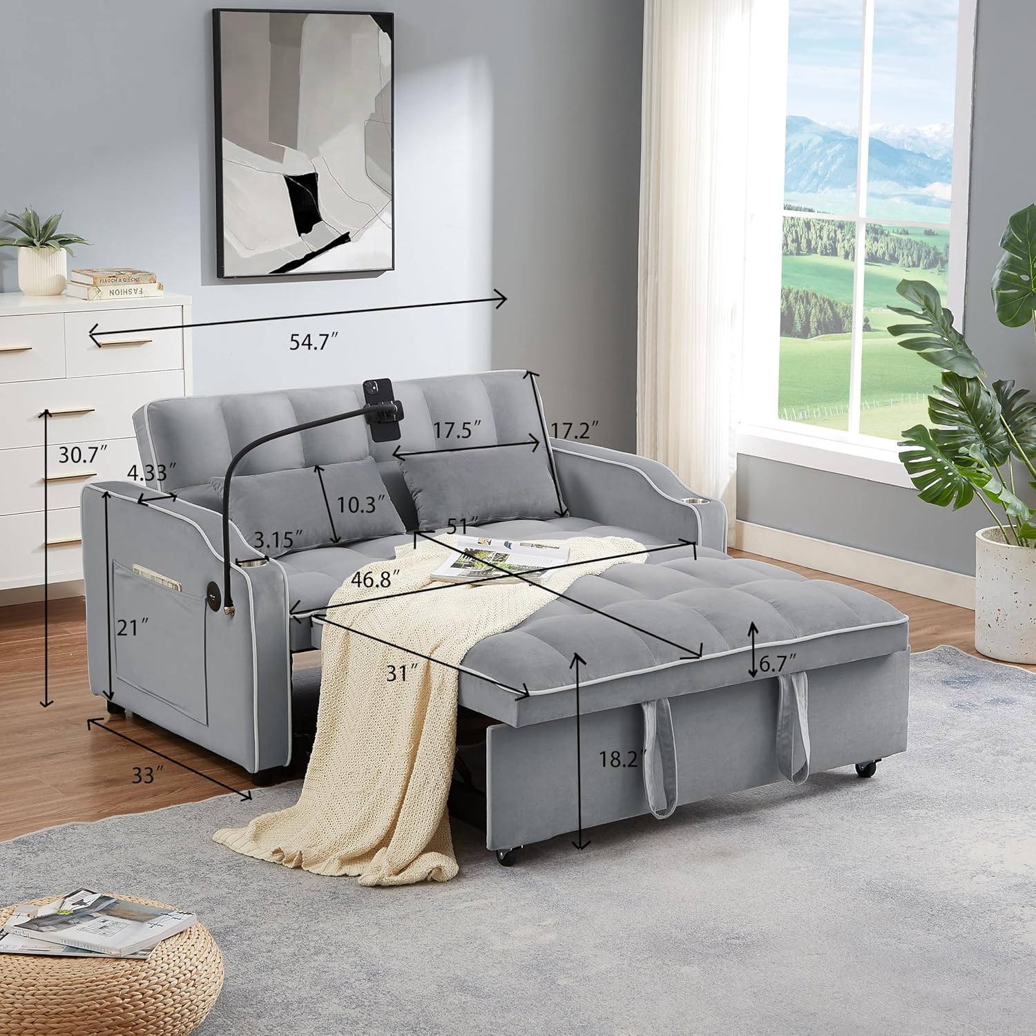 Loveseat Sleeper Sofa Bed 3 in 1 Pockets  Toss Pillows, Velvet Pull Chaise, 2-seat Fabric Convertible, Couch for Living Room Apartment Lounge, 21 D x 46.8" W x 30.7" H, Gray-64 · v2
