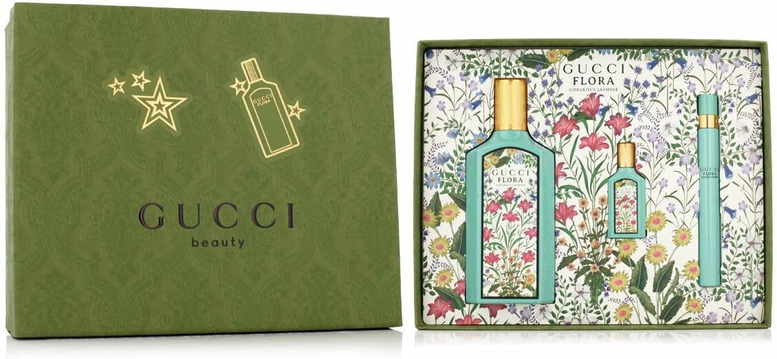 Gucci Flora Gorgeous Jasmine EDP Geschenkset für Damen: 100 ml Mini-10-ml-Spray, Mini-Pen, 5-ml-Spray — HARTVERPACKUNG