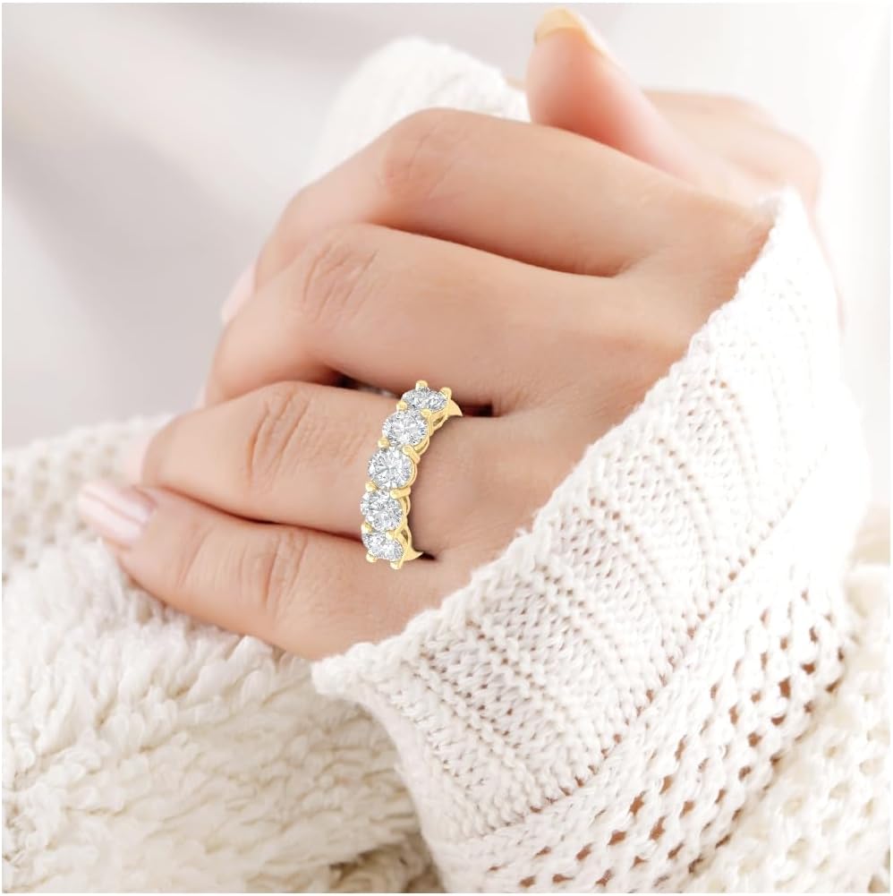 1/2 Carat - 5 Carat Lab Grown Diamond Five-Stone Ring | 14K Solid White or Yellow Gold Anniversary Wedding Band Ring | D-E Color and VS clarity · v5