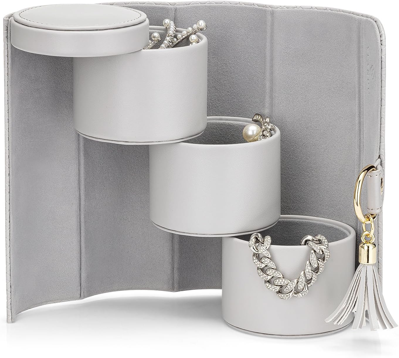 Vlando Small Travel Jewelry Roll Organizer, Leather Jewelry Holder Pouch for Daily Jewelry Storage and Carrying (Light Gray w/Pattern)