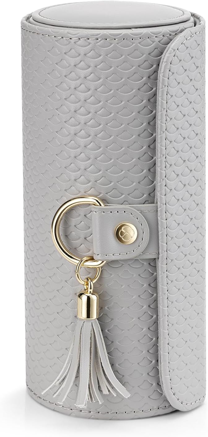 Vlando Small Travel Jewelry Roll Organizer, Leather Jewelry Holder Pouch for Daily Jewelry Storage and Carrying (Light Gray w/Pattern) · v2