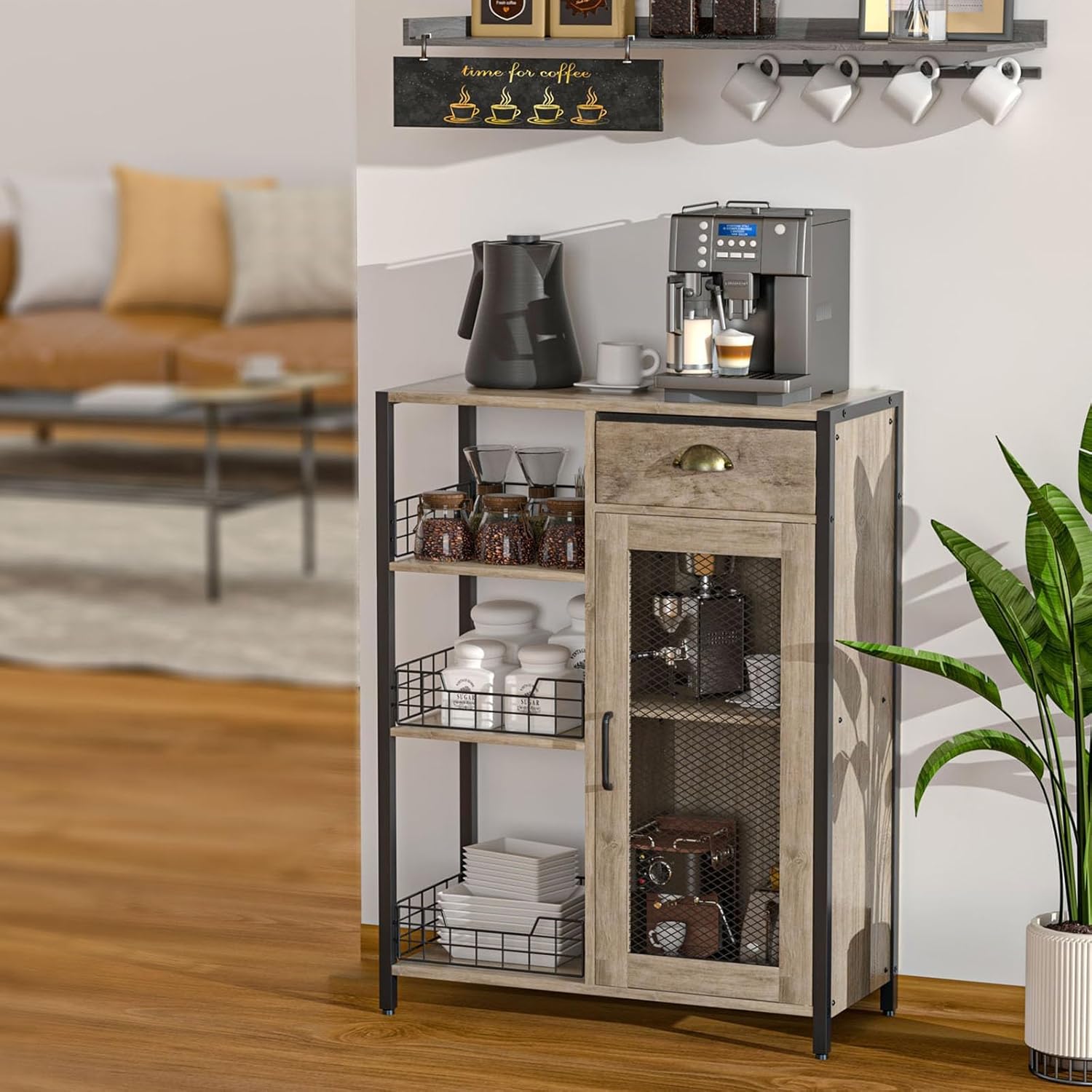 Mesa de café X-Cosrack de 3 niveles con cajón de almacenamiento, estante ajustable de 35,8 de alto, mesa de café tipo granja para esquina, cocina, comedor, licorera, mesa de centro de madera rústica, gris