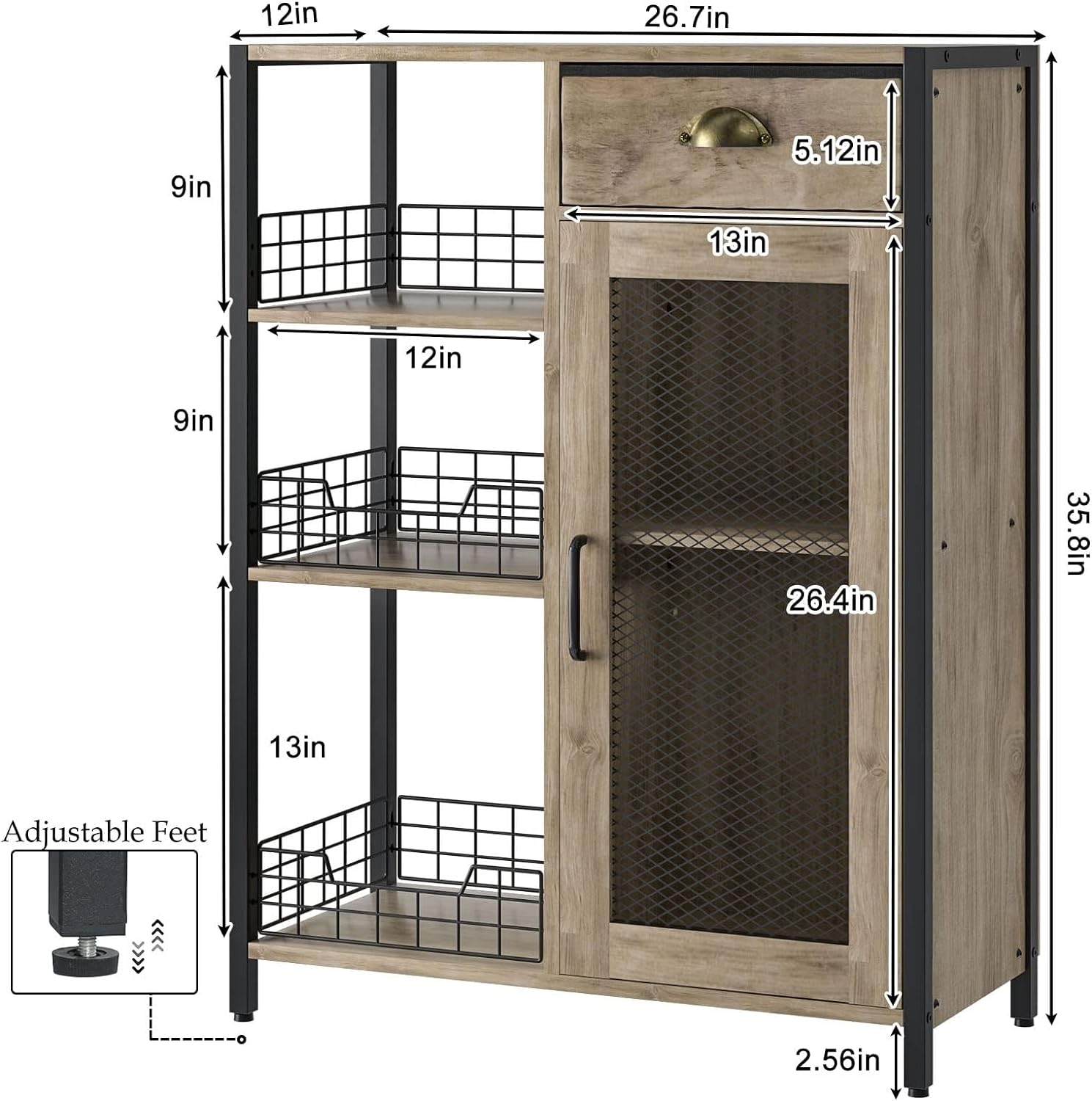 Mesa de café X-Cosrack de 3 niveles con cajón de almacenamiento, estante ajustable de 35,8 de alto, mesa de café tipo granja para esquina, cocina, comedor, licorera, mesa de centro de madera rústica, gris
