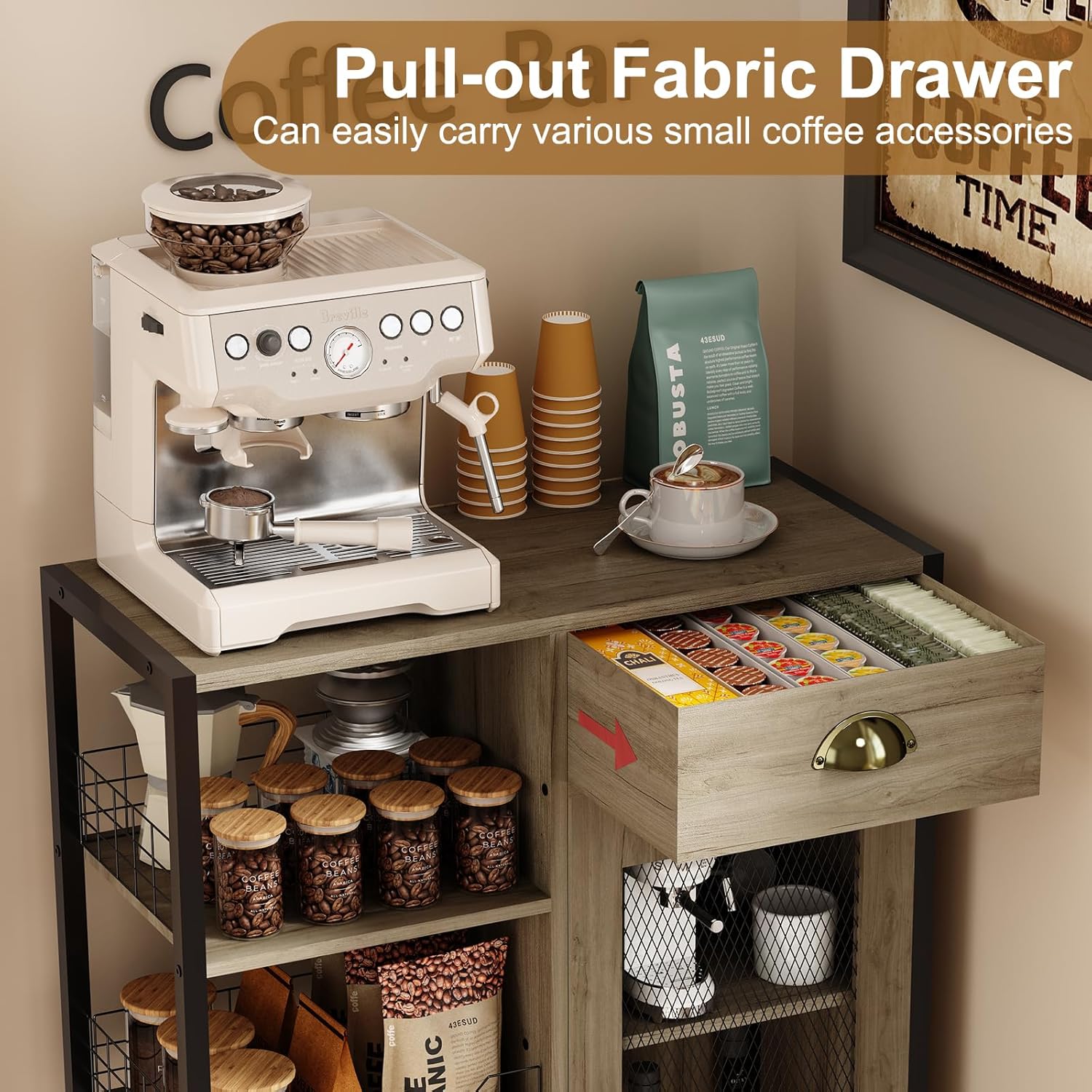 Mesa de café X-Cosrack de 3 niveles con cajón de almacenamiento, estante ajustable de 35,8 de alto, mesa de café tipo granja para esquina, cocina, comedor, licorera, mesa de centro de madera rústica, gris