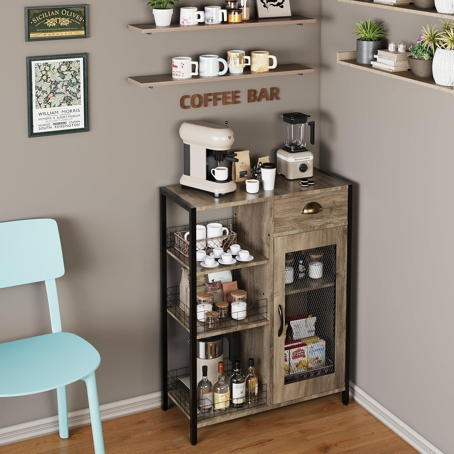 Mesa de café X-Cosrack de 3 niveles con cajón de almacenamiento, estante ajustable de 35,8 de alto, mesa de café tipo granja para esquina, cocina, comedor, licorera, mesa de centro de madera rústica, gris